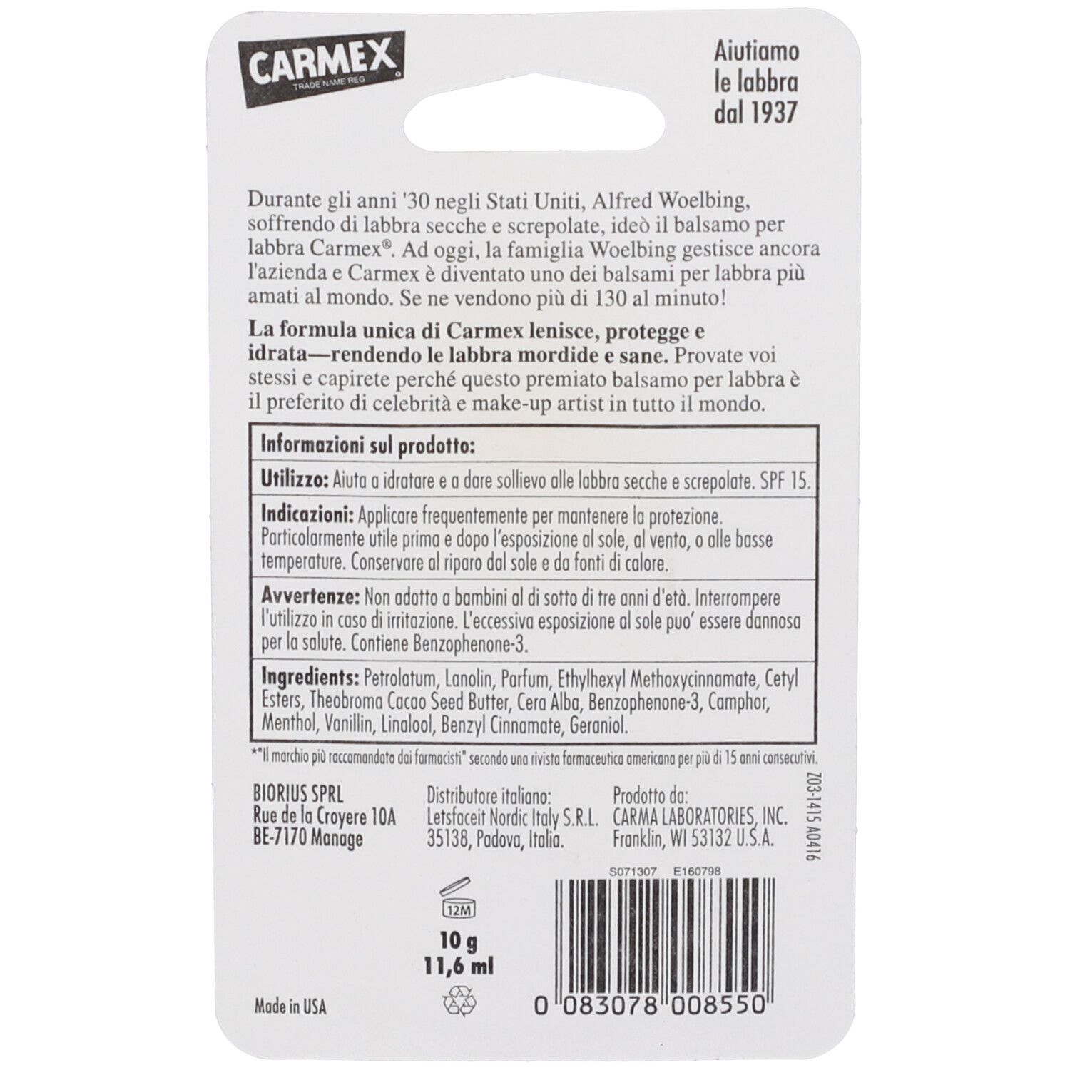 Retro confezione balsamo labbra Carmex Cherry. Testo, ingredienti, informazioni produttore, 10g.