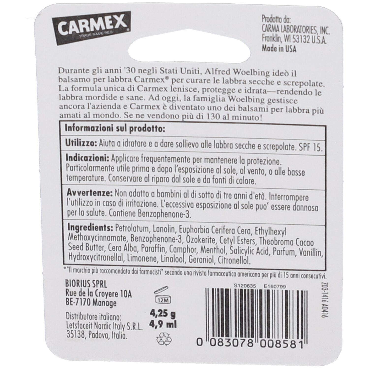 Retro della confezione del balsamo labbra CARMEX CLASSICO. Contiene informazioni sugli ingredienti e l'uso. Testo nero su sfondo bianco.