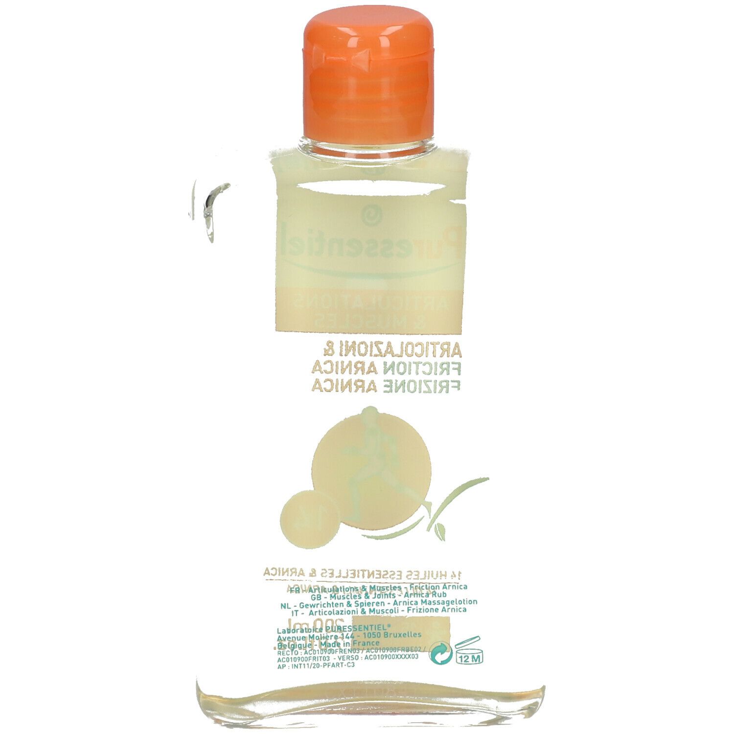 Puressentiel Articolazioni & Muscoli. Flacone, tappo arancione. 14 oli ed arnica.