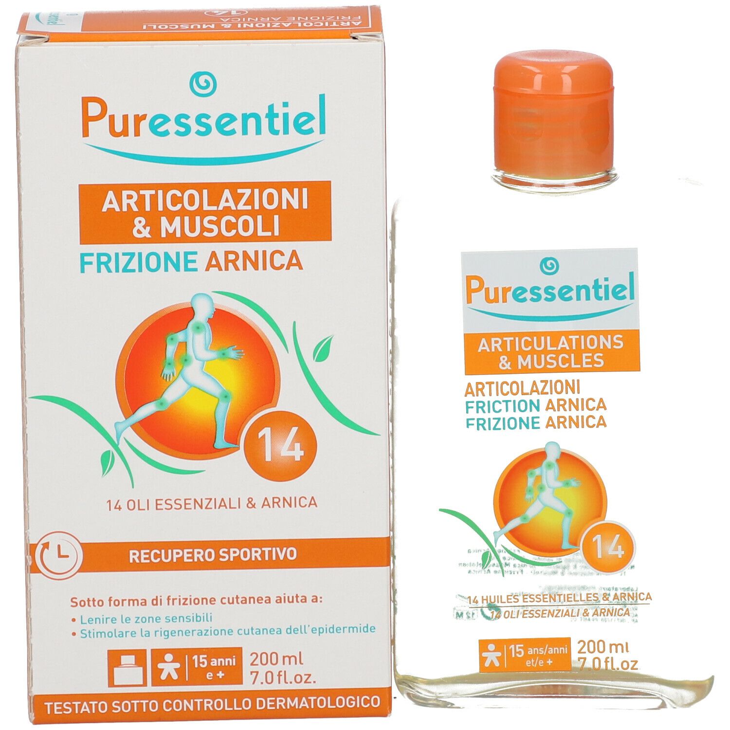 Puressentiel Articolazioni & Muscoli. Confezione, flacone e tappo. 14 oli ed arnica.
