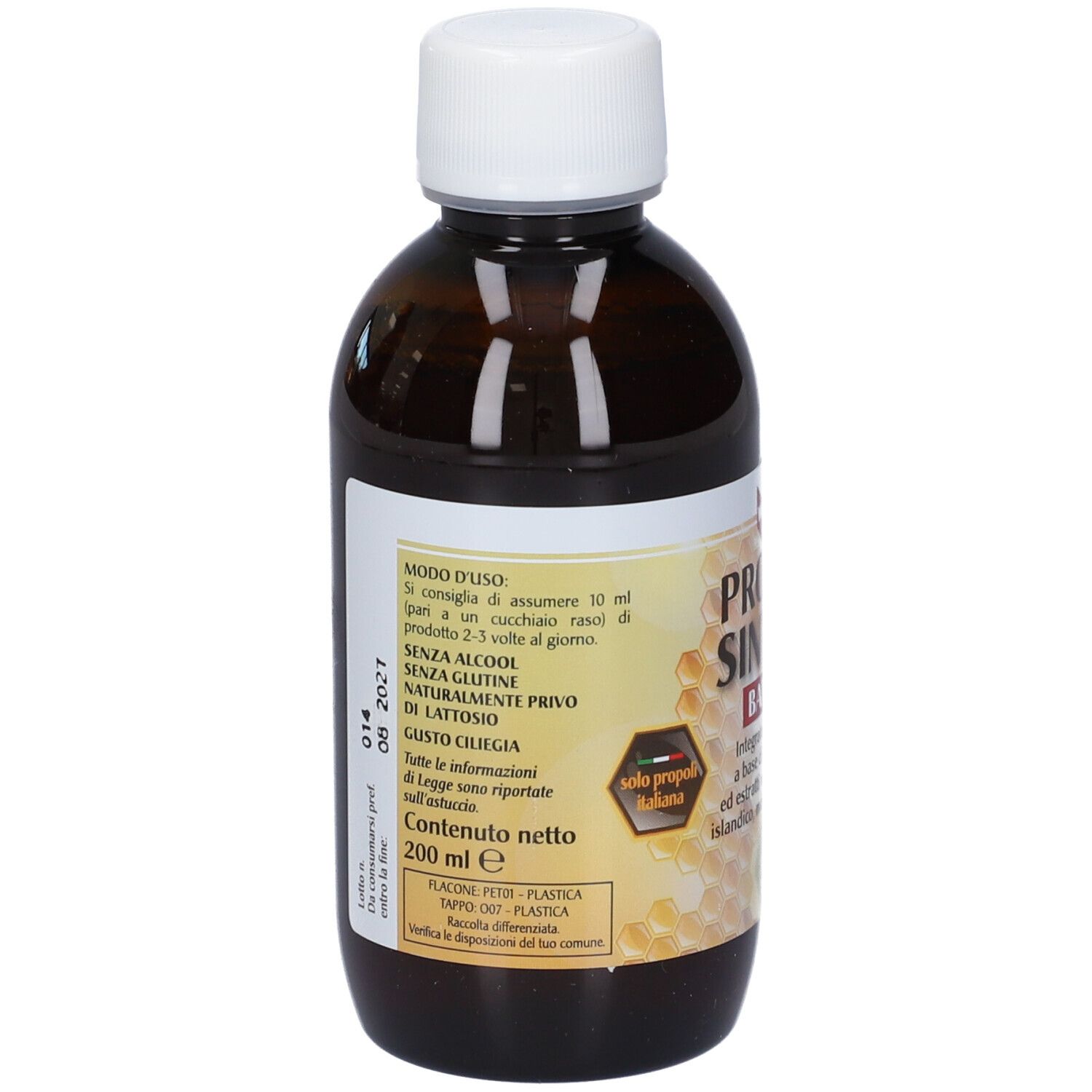 Flacone marrone con tappo bianco. Etichetta con informazioni sull'uso e ingredienti. Testo: 200 ml.