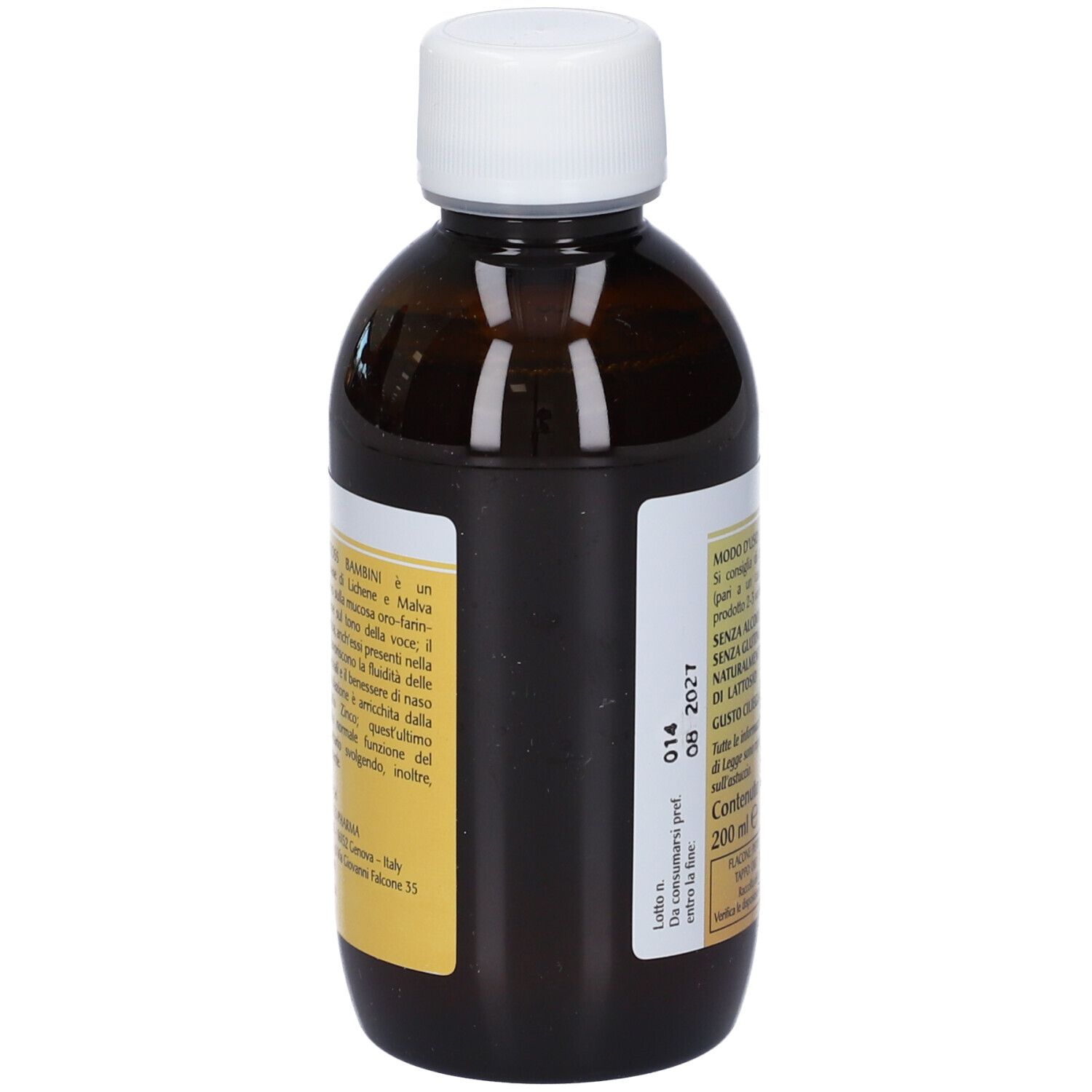 Flacone marrone con tappo bianco. Etichetta con informazioni sul prodotto e ingredienti. Testo: 200 ml.