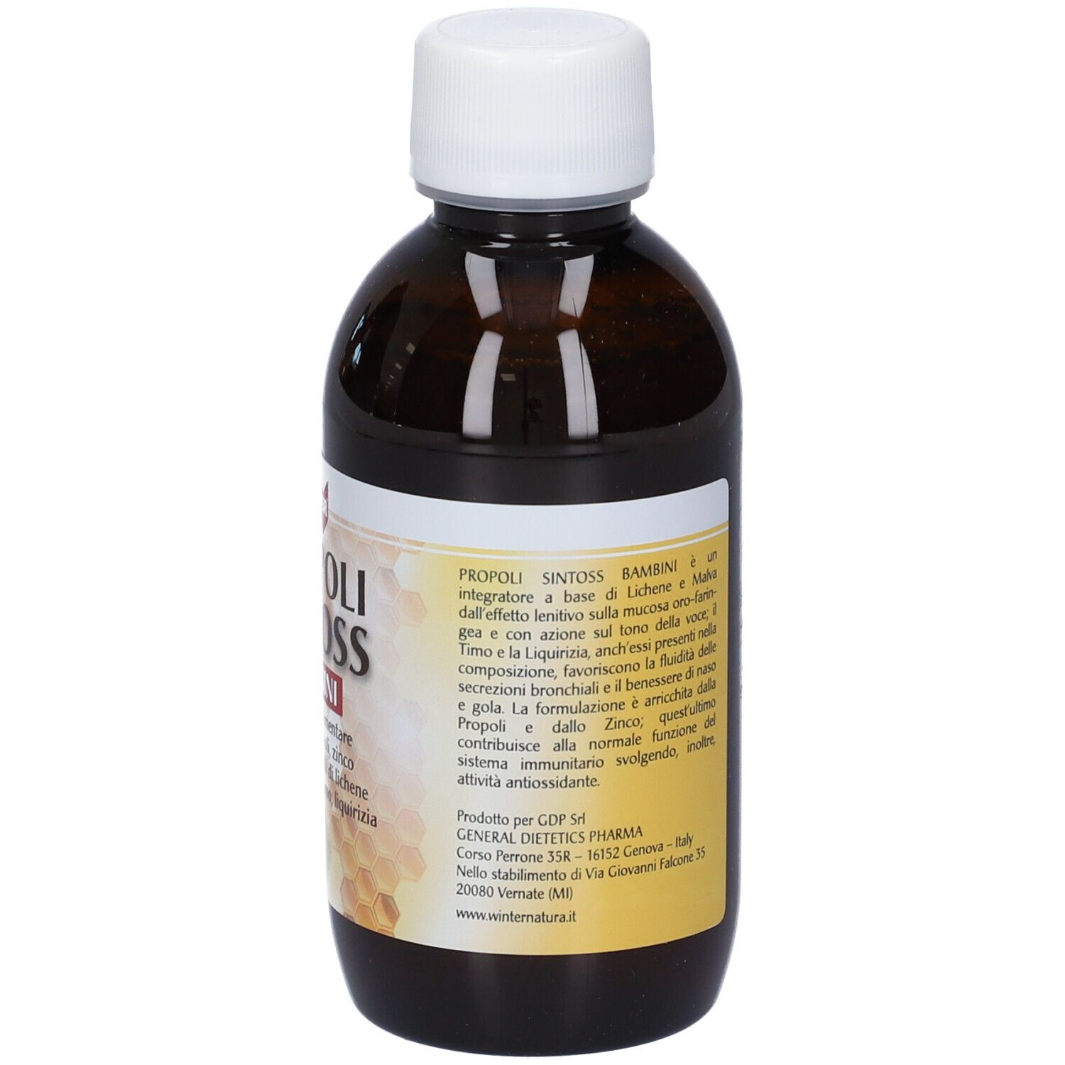 Flacone marrone con tappo bianco. Etichetta con informazioni sul prodotto e ingredienti. Testo: Propoli Sintoss.