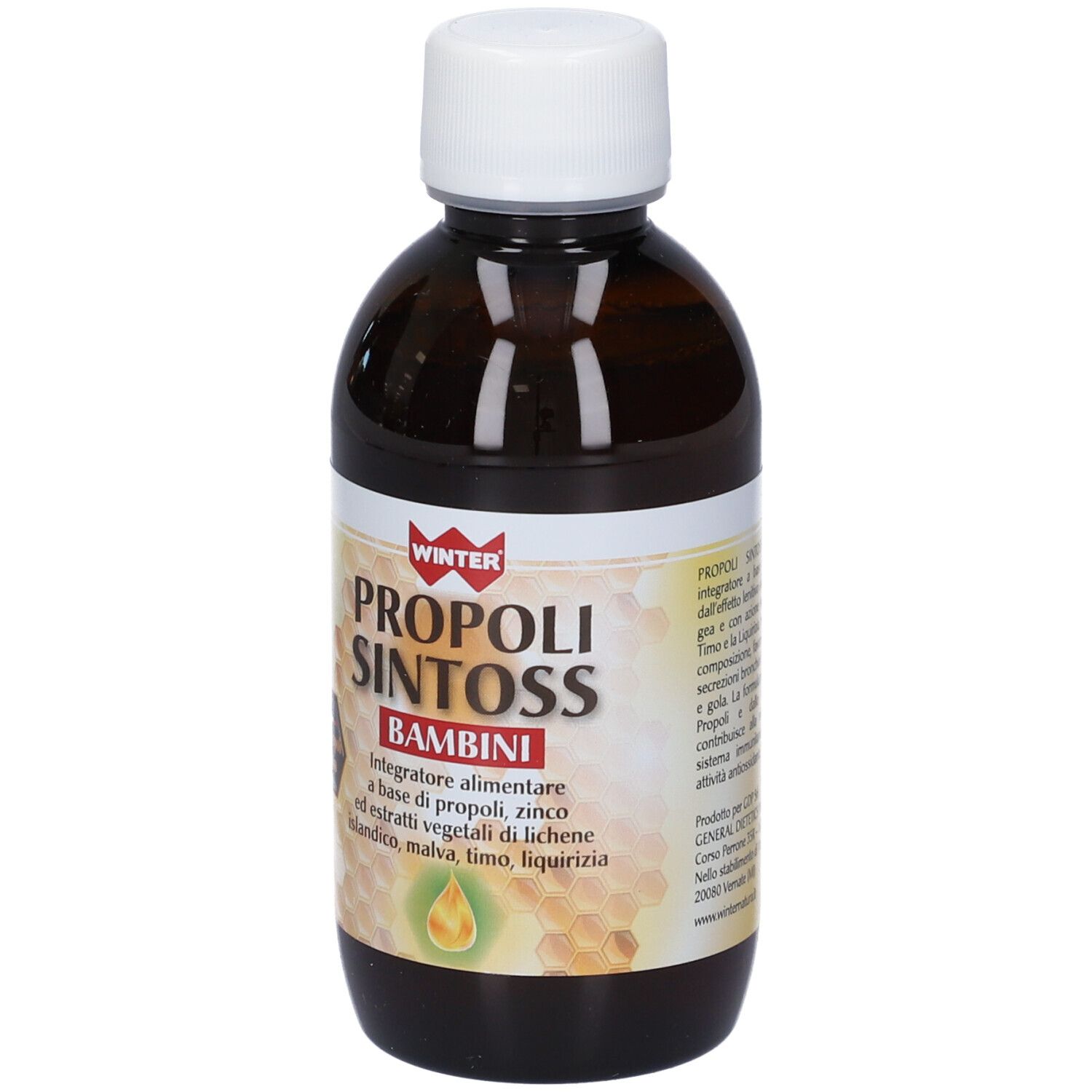 Flacone marrone con tappo bianco. Etichetta con nome del prodotto e ingredienti. Simbolo goccia gialla.