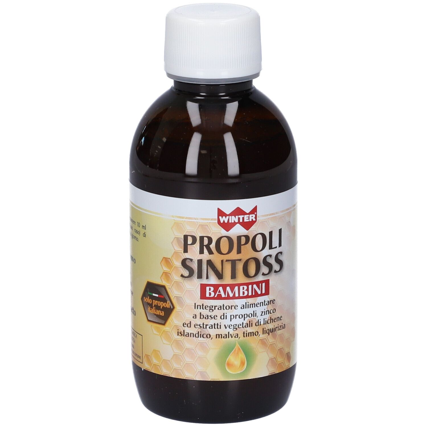 Flacone marrone con tappo bianco. Etichetta con nome del prodotto e ingredienti. Simbolo goccia gialla.