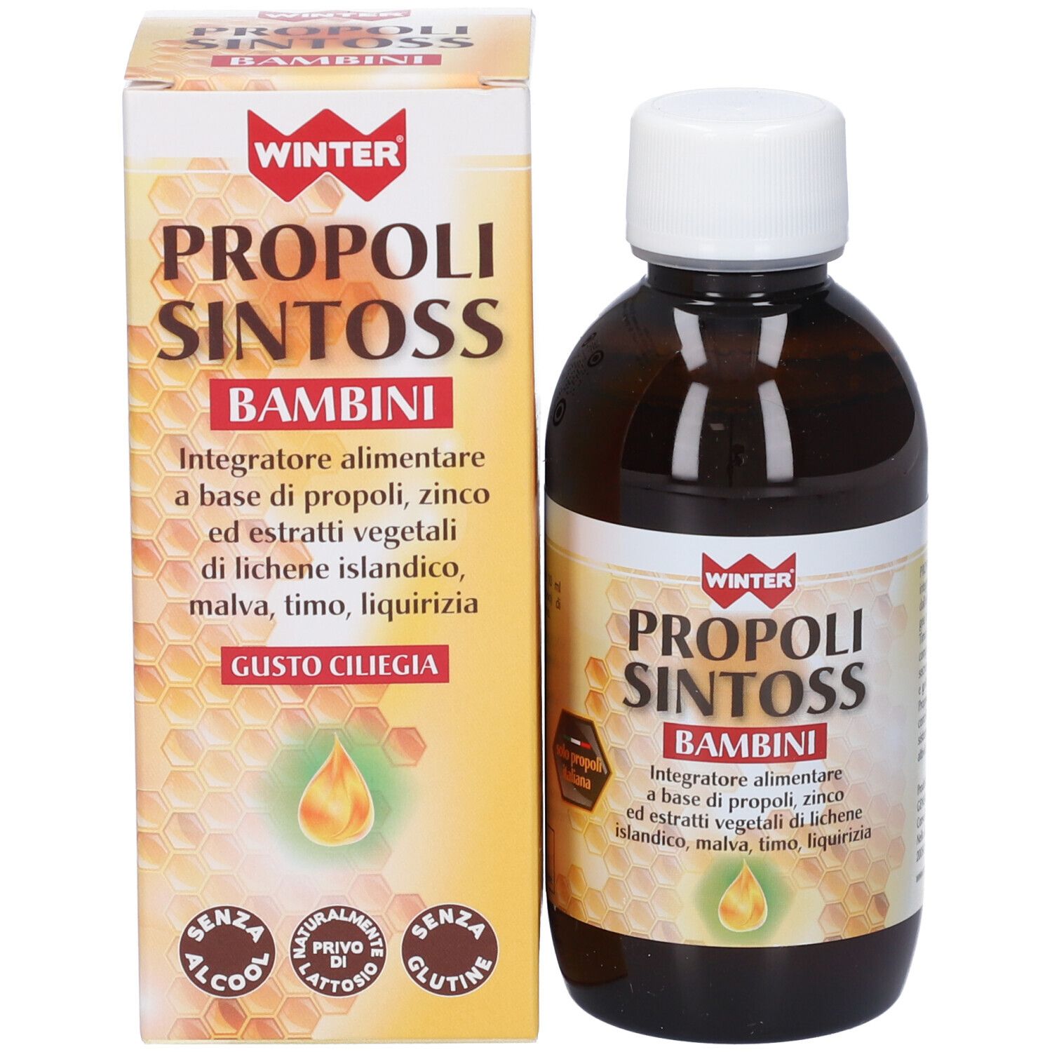 Flacone e scatola del prodotto. Flacone marrone con tappo bianco. Scatola con nome e ingredienti.