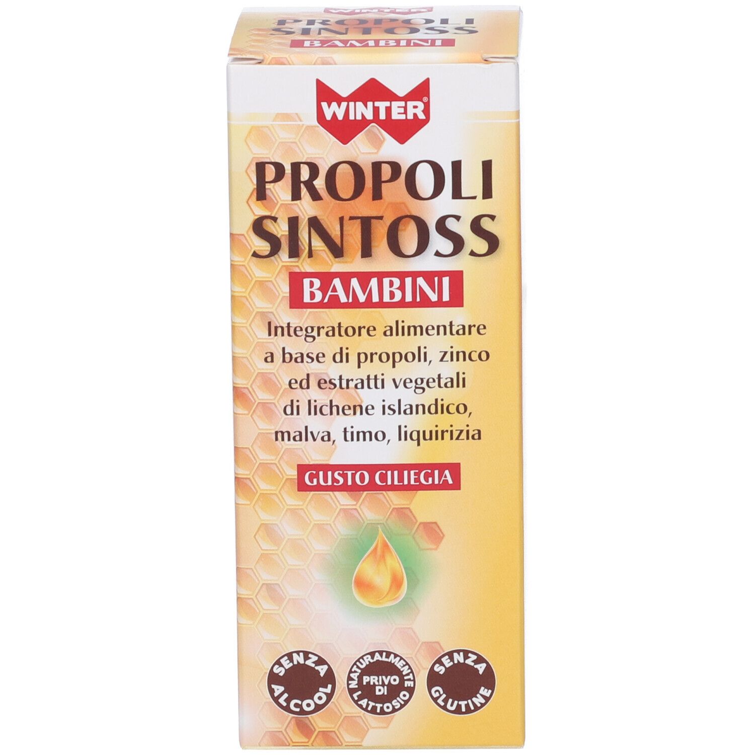 Confezione del prodotto. Scatola gialla con nome e ingredienti. Testo: Gusto Ciliegia.