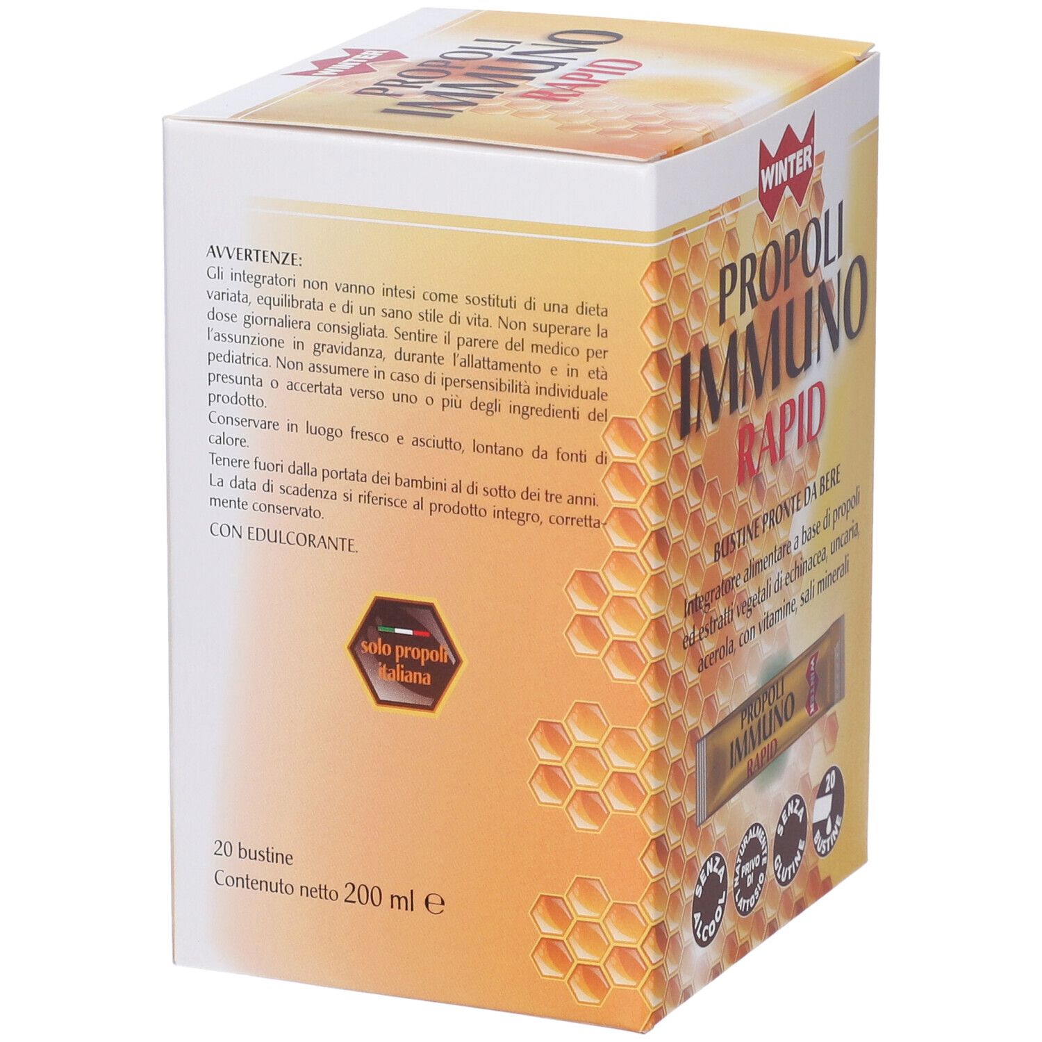 Scatola gialla "PROPOLI IMMUNO RAPID". Retro con testo e logo. Contiene 20 bustine. Marchio WINTER.
