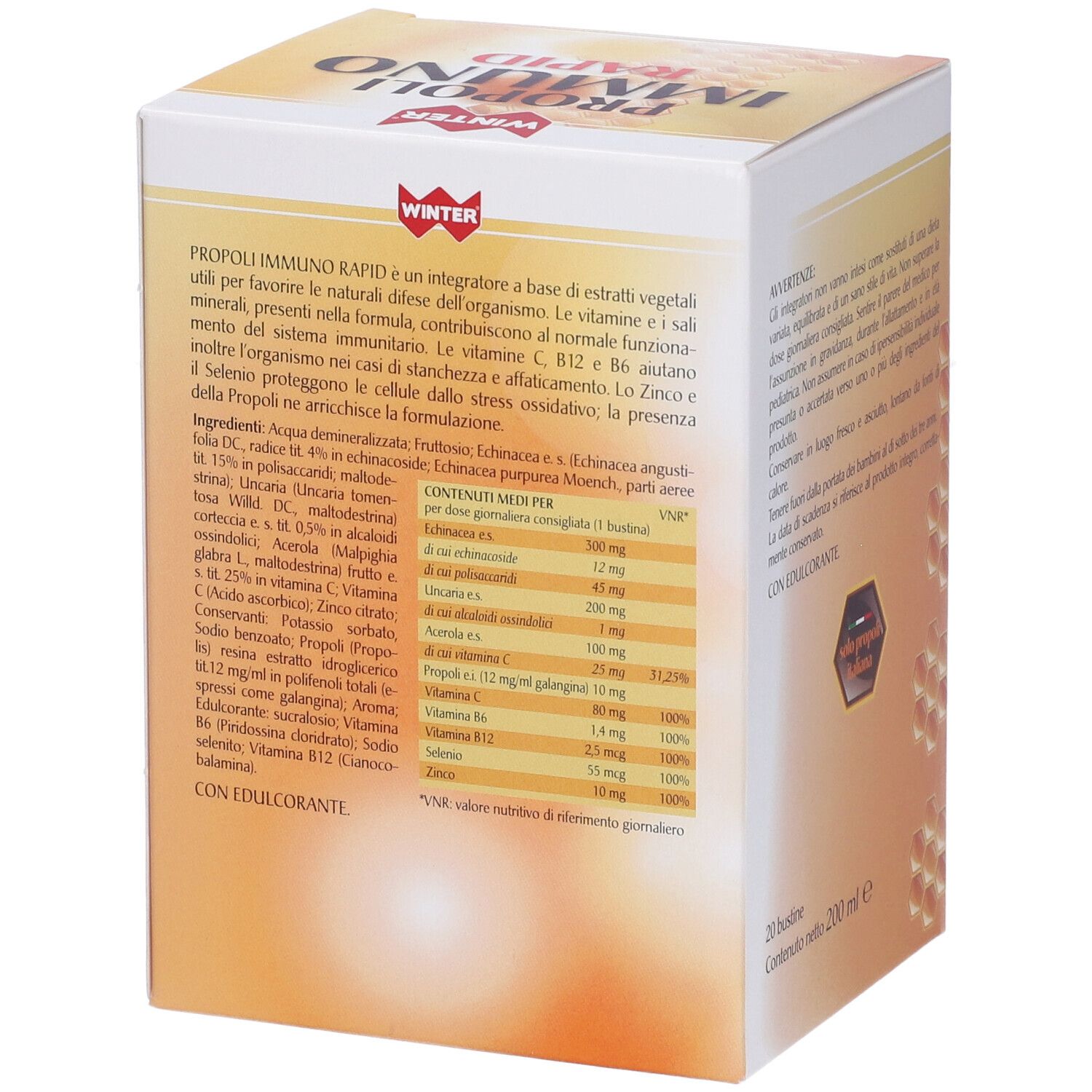 Scatola gialla "PROPOLI IMMUNO RAPID". Retro con ingredienti e tabella nutrizionale. Marchio WINTER.