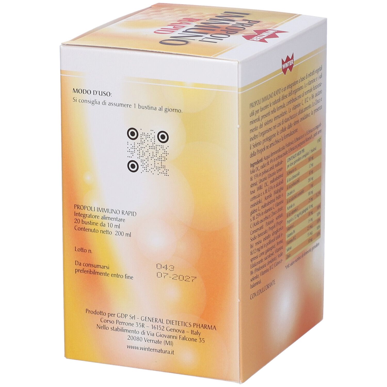 Scatola gialla "PROPOLI IMMUNO RAPID". Lato con codice QR e data di scadenza. Marchio WINTER.