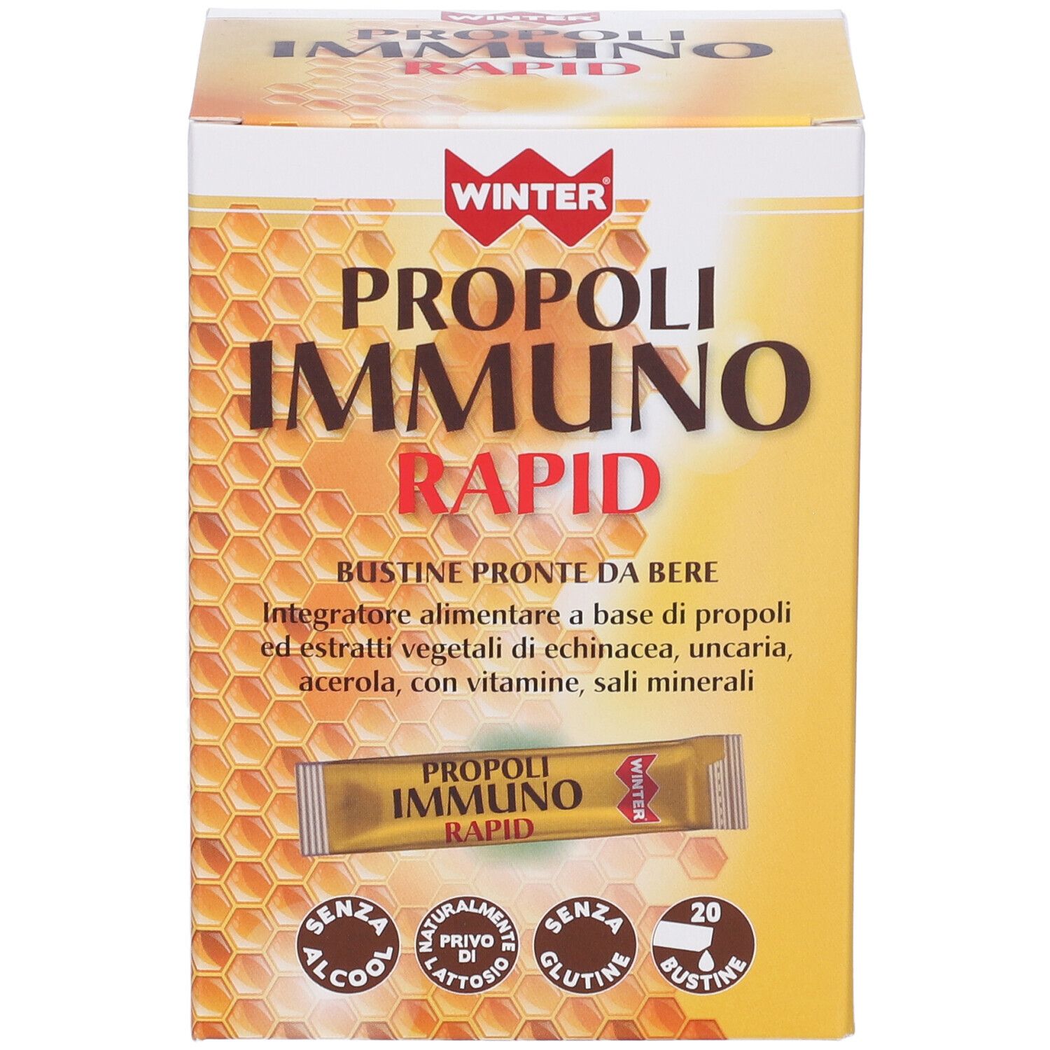 Scatola gialla "PROPOLI IMMUNO RAPID". Contiene 20 bustine. Marchio WINTER. Bustina singola visibile.