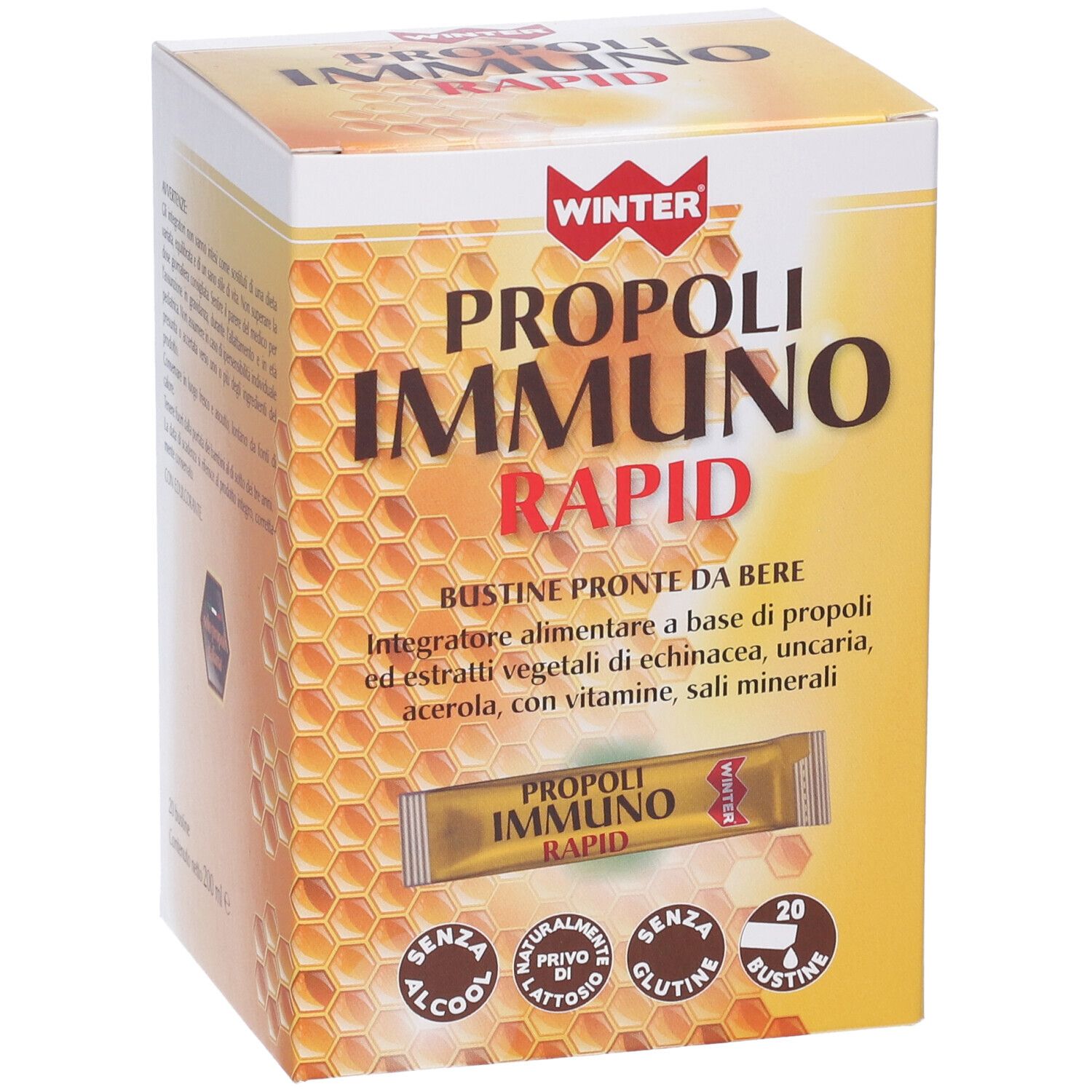 Scatola gialla "PROPOLI IMMUNO RAPID". Contiene 20 bustine. Marchio WINTER. Bustina singola visibile.