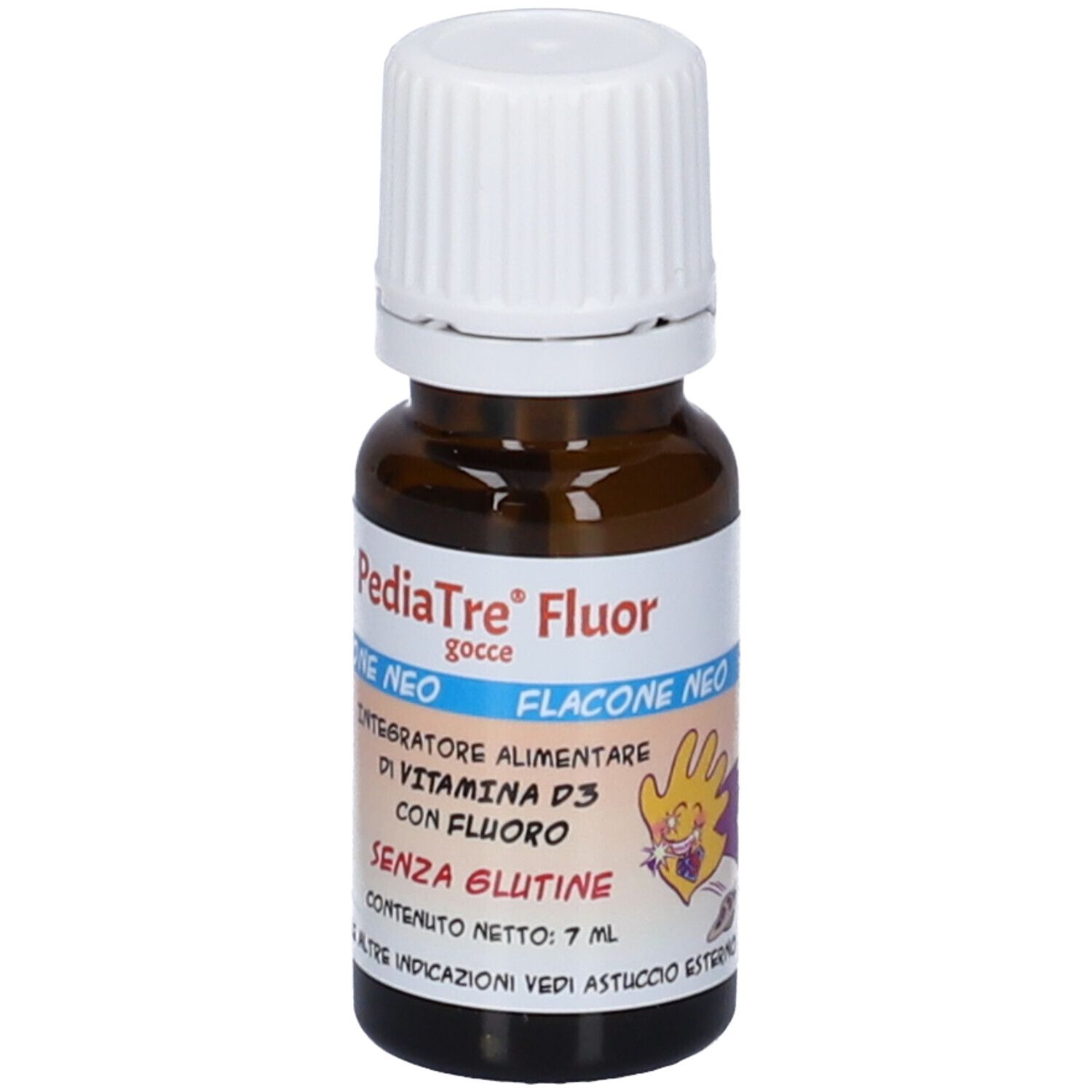 Flacone in vetro marrone PediaTre Fluor Gocce. Contiene vitamina D3 e fluoro. Con illustrazione infantile.