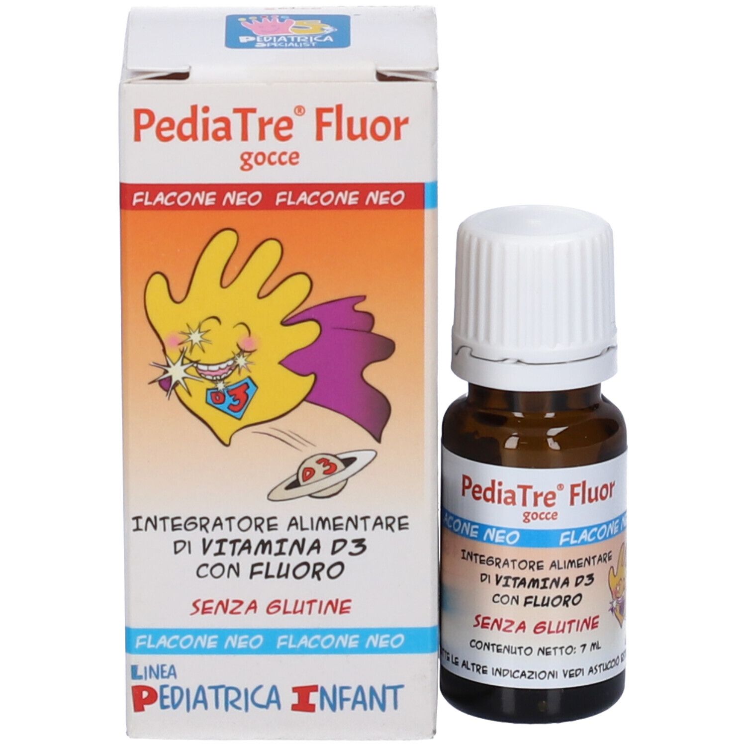 Flacone e scatola PediaTre Fluor Gocce. Contiene vitamina D3 e fluoro. Con illustrazione infantile.
