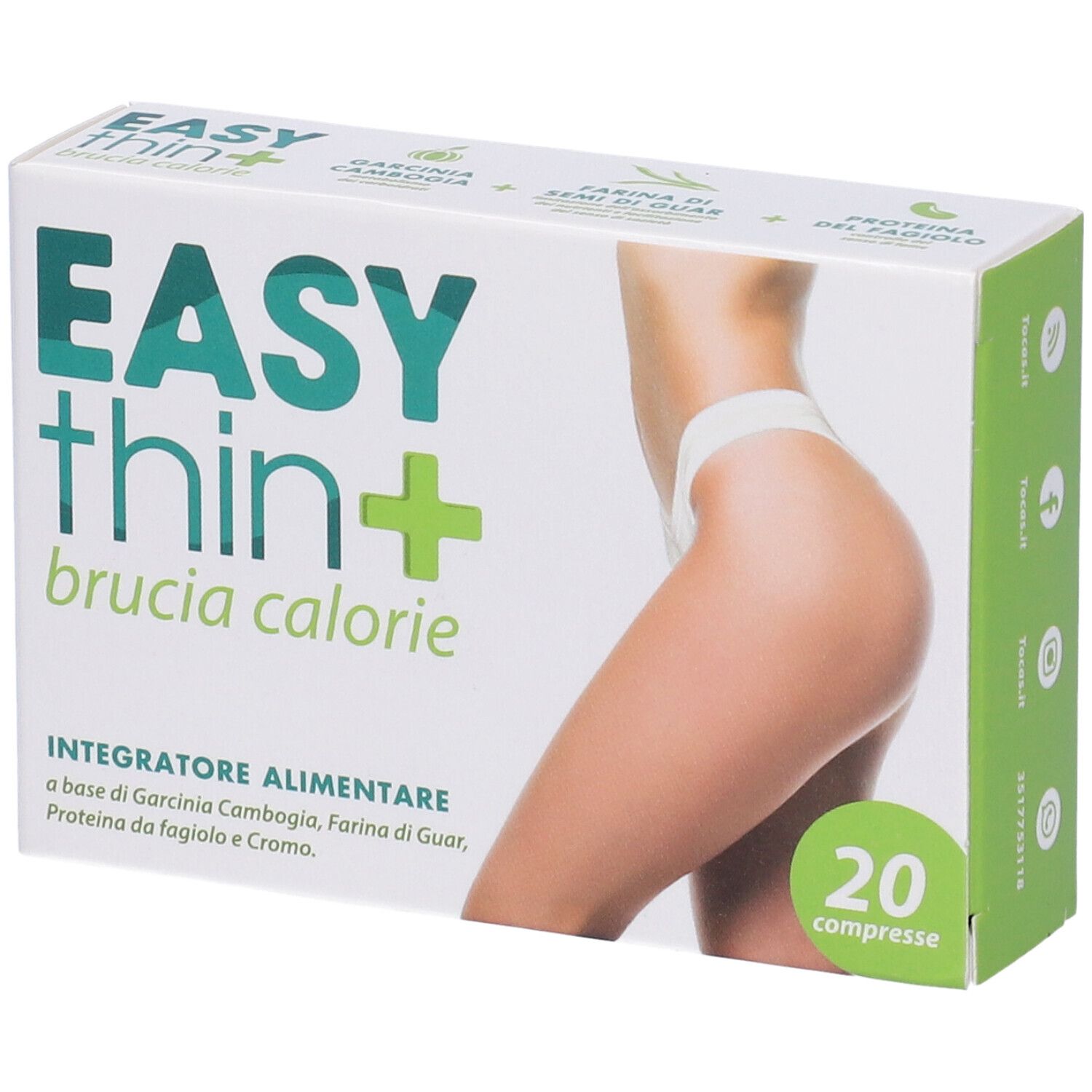 Scatola Easythin+ Brucia Calorie, vista laterale. Scritta: 20 compresse. Accenti verdi.