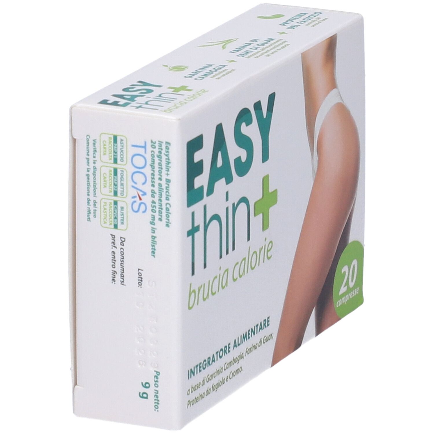 Scatola Easythin+ Brucia Calorie, vista laterale. Scritta: 20 compresse. Accenti verdi.