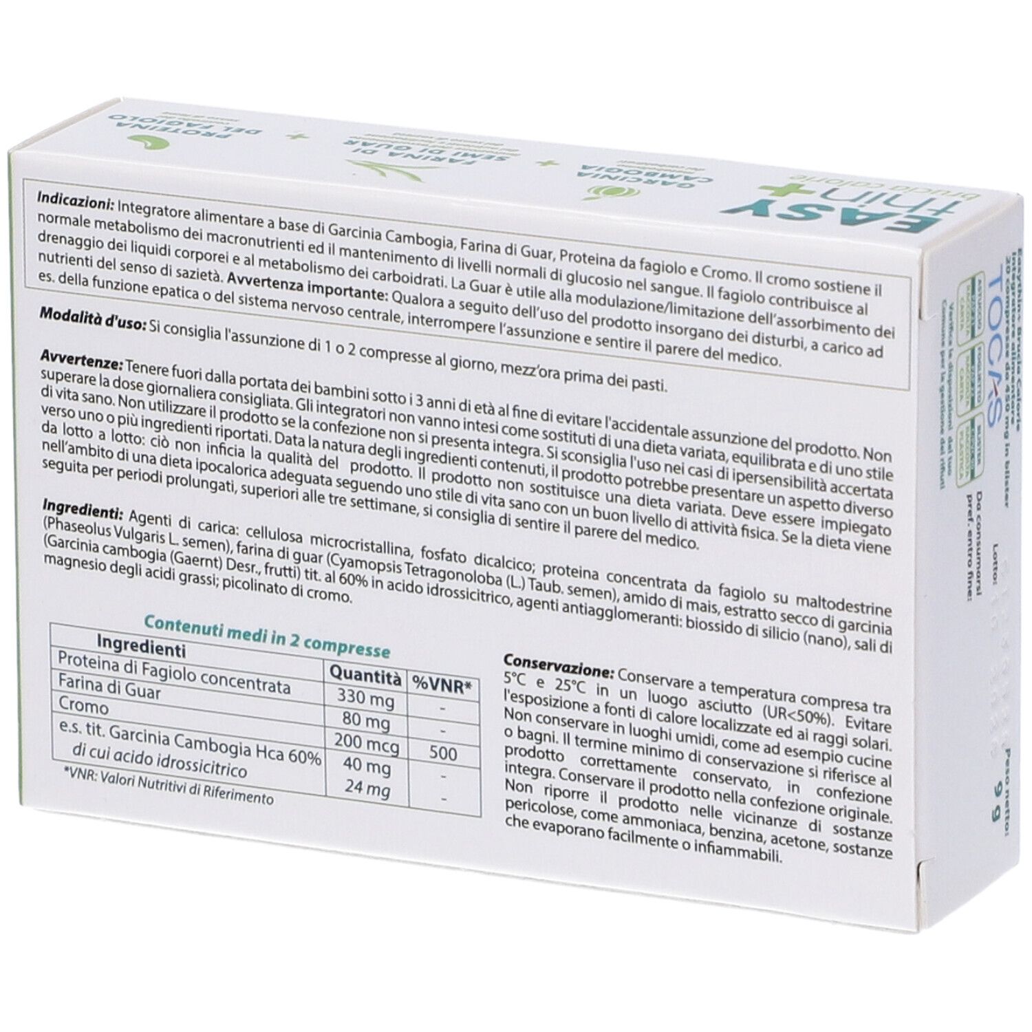 Scatola Easythin+ Brucia Calorie, vista laterale. Scritta: 20 compresse. Accenti verdi.