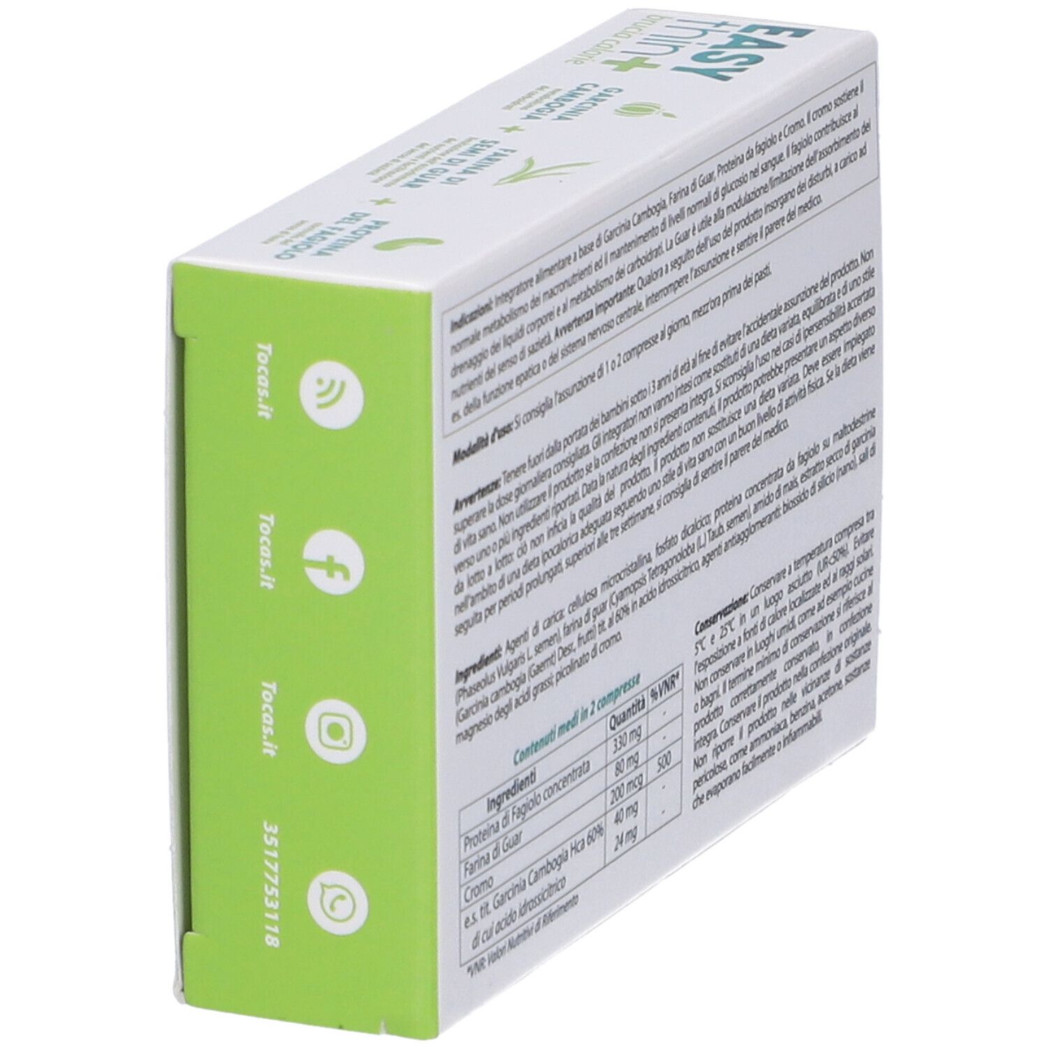 Scatola Easythin+ Brucia Calorie, retro. Testo e ingredienti. Peso: 9g.