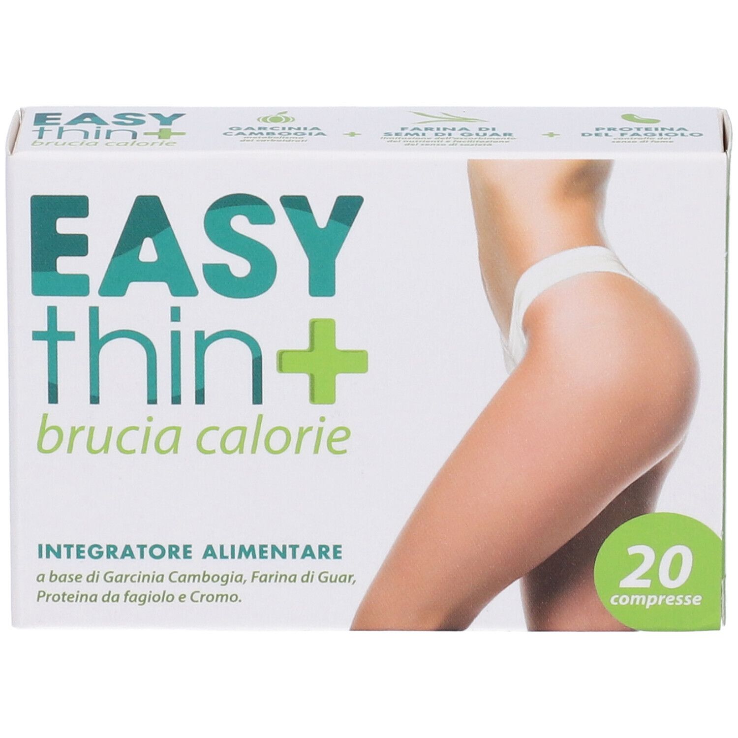 Scatola Easythin+ Brucia Calorie. Scritta: 20 compresse. Immagine di una donna.