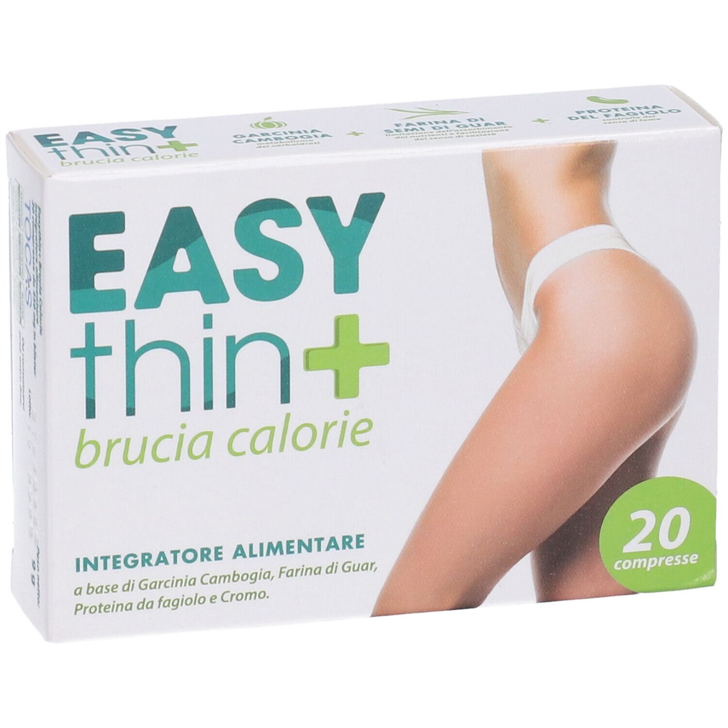 Scatola Easythin+ Brucia Calorie. Scritta: 20 compresse. Immagine di una donna.