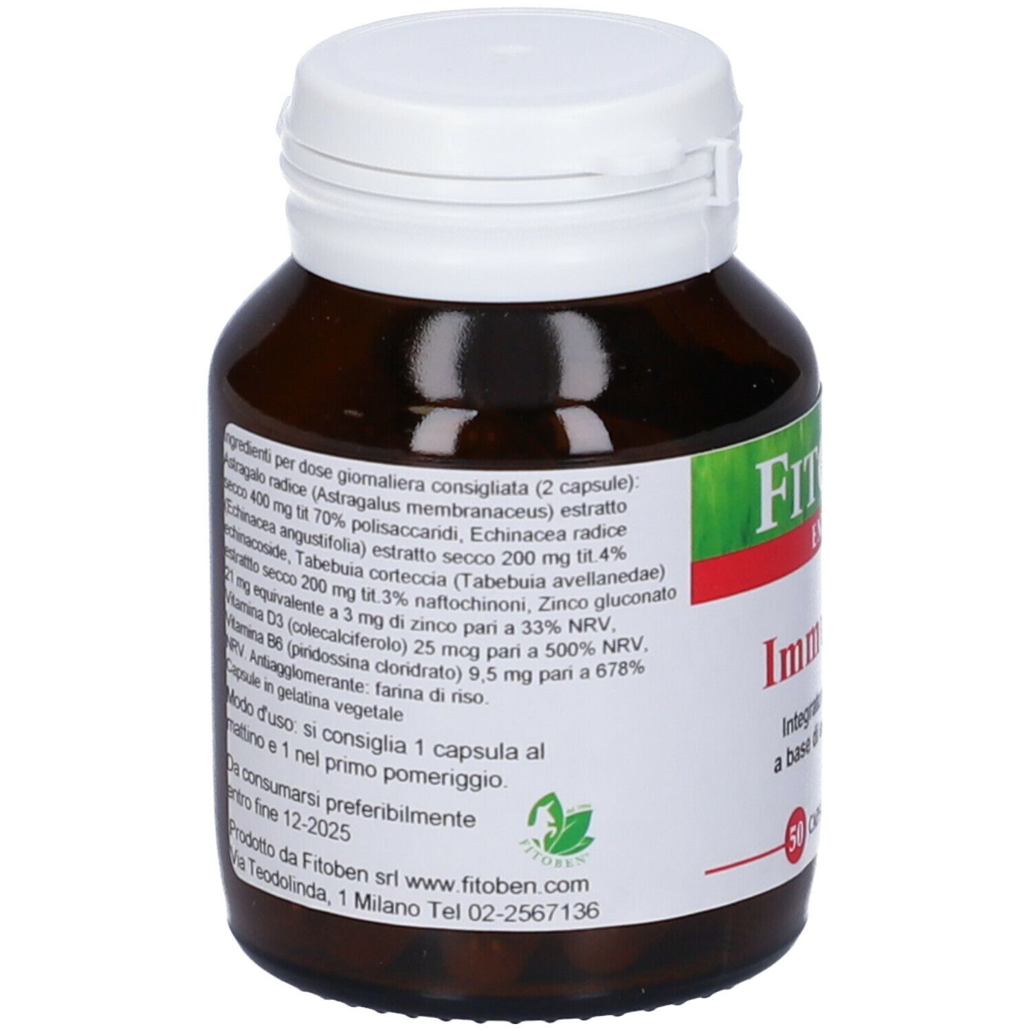 Flacone di vetro marrone con tappo bianco. Etichetta con ingredienti. Contiene 50 capsule.