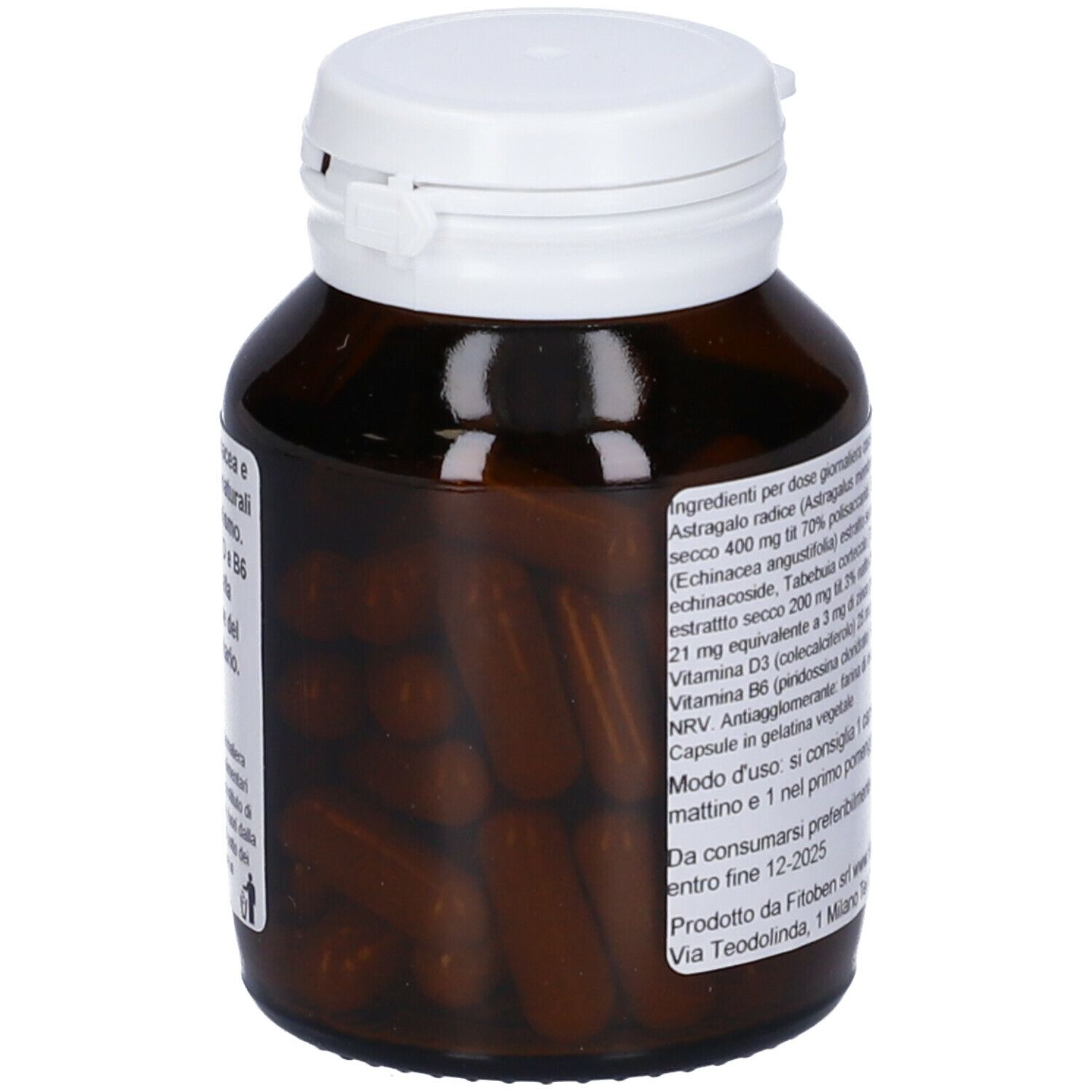 Flacone di vetro marrone con tappo bianco. Capsule marroni visibili. Contiene 50 capsule.