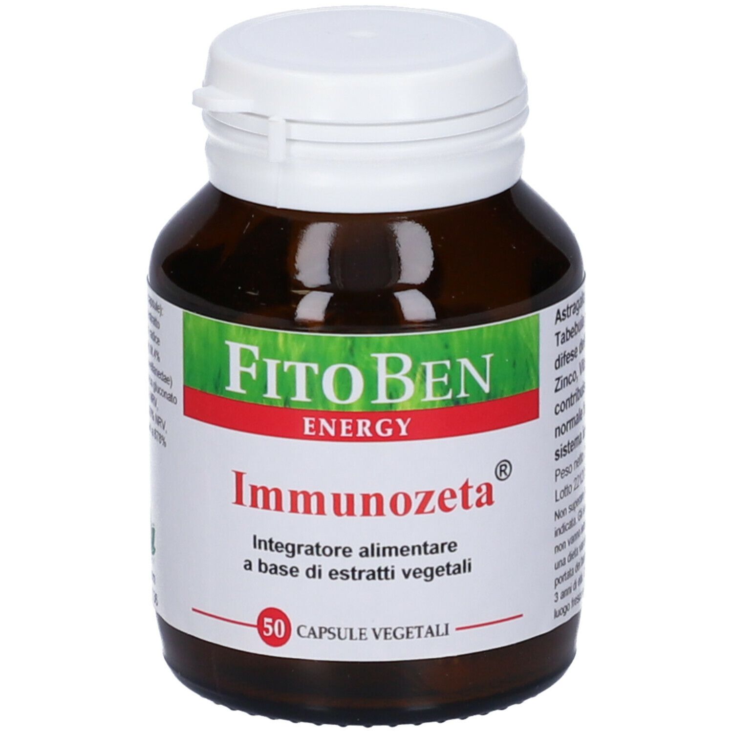 Flacone di vetro marrone con tappo bianco. Scritta: Immunozeta, 50 capsule vegetali.