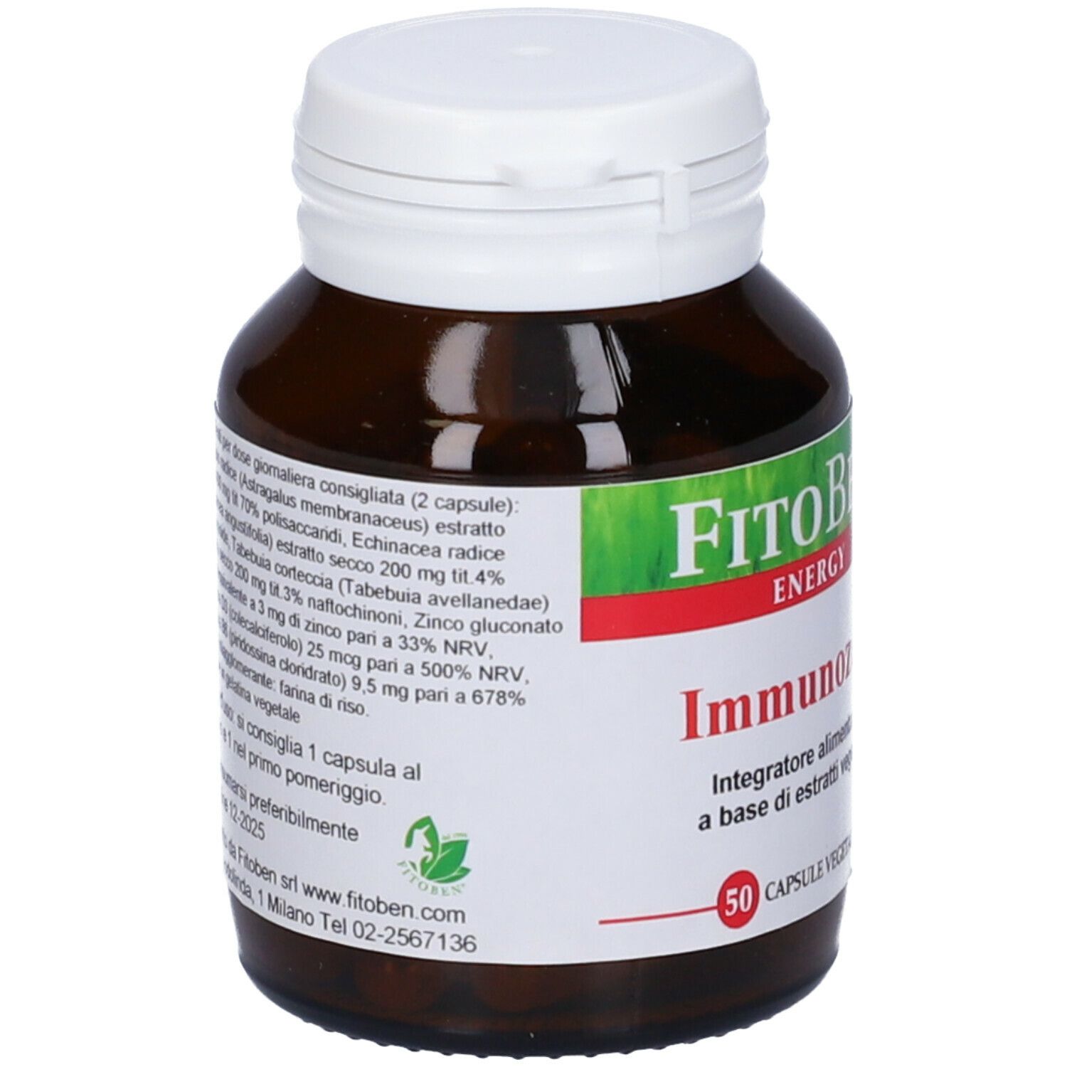Flacone di vetro marrone con tappo bianco. Etichetta con ingredienti. Contiene 50 capsule.