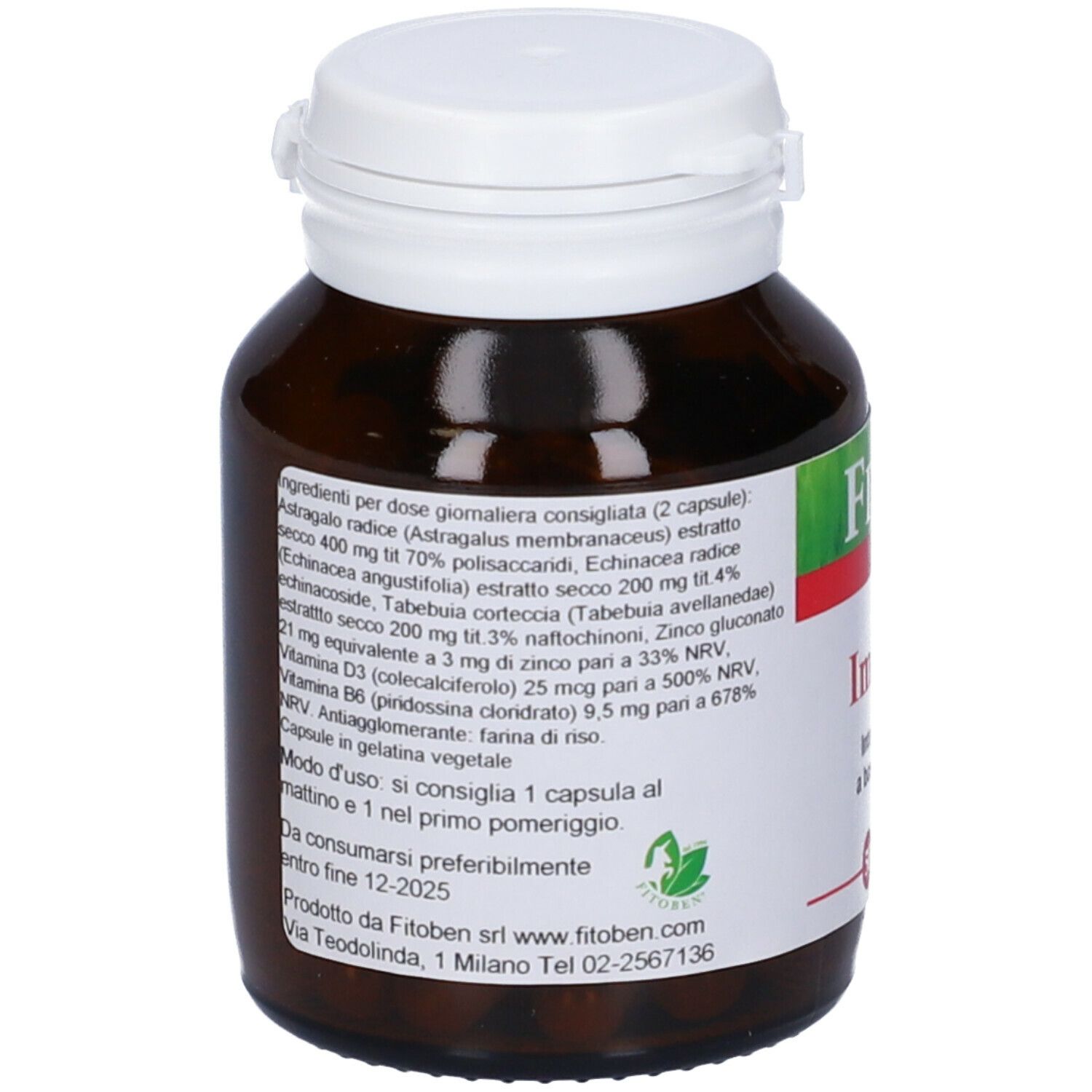 Flacone di vetro marrone con tappo bianco. Etichetta con ingredienti. Contiene 50 capsule.