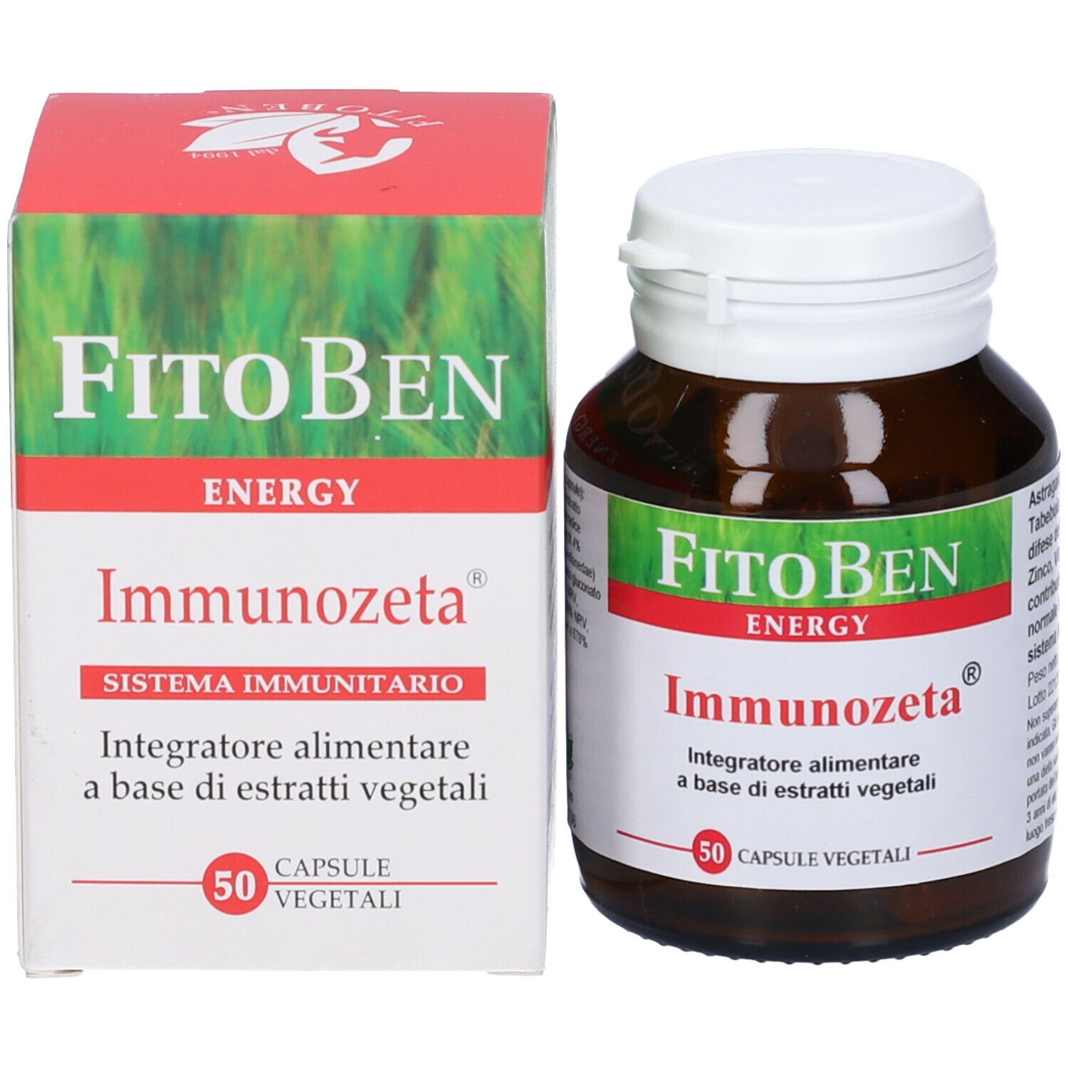 Confezione e flacone del prodotto. Scritta: Immunozeta, 50 capsule vegetali.