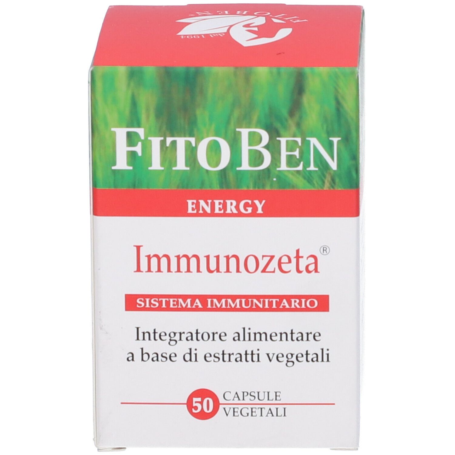 Scatola bianca con scritte rosse e verdi. Scritta: Immunozeta, 50 capsule vegetali.