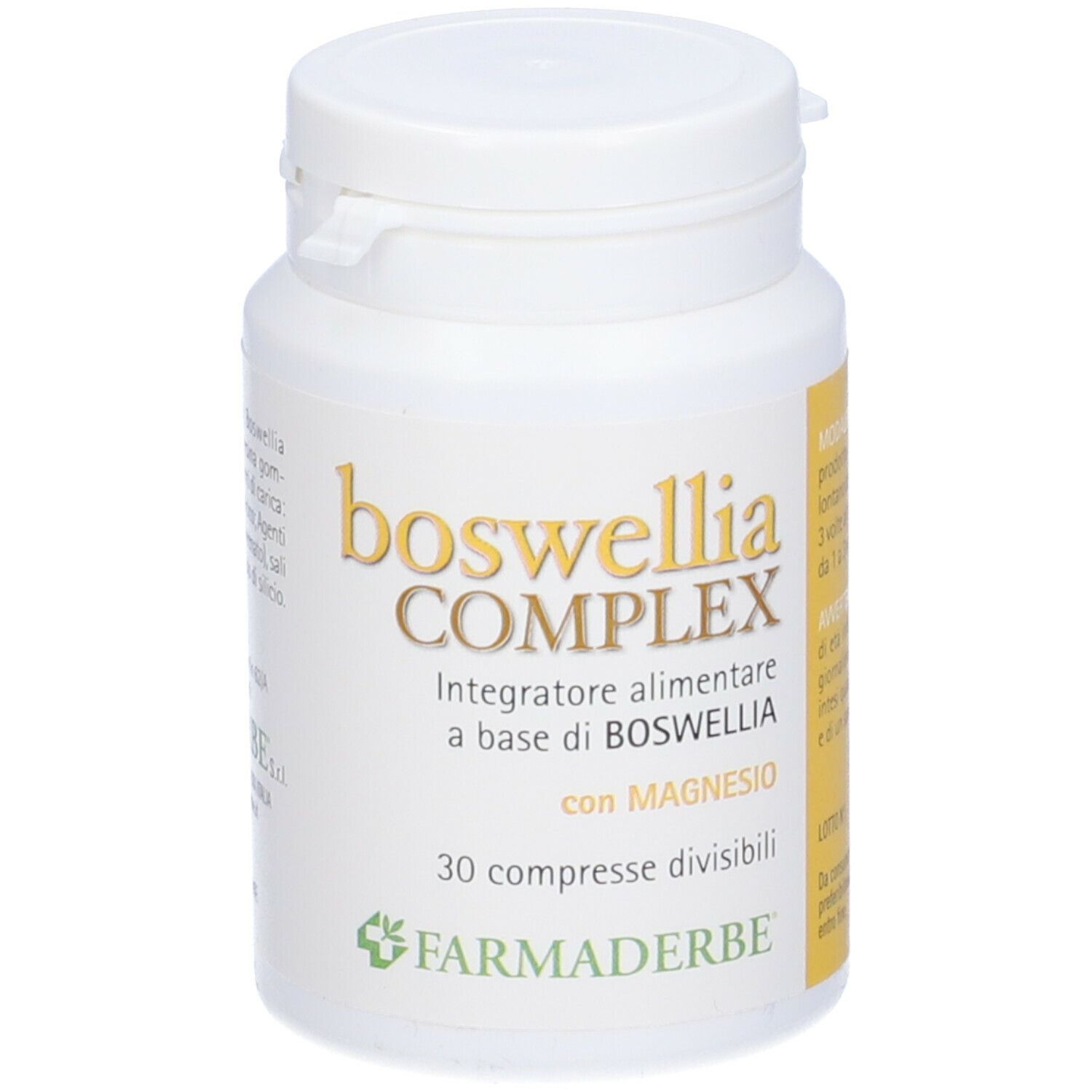 Flacone Boswellia Complex. Flacone bianco con nome e informazioni del prodotto. 30 compresse.