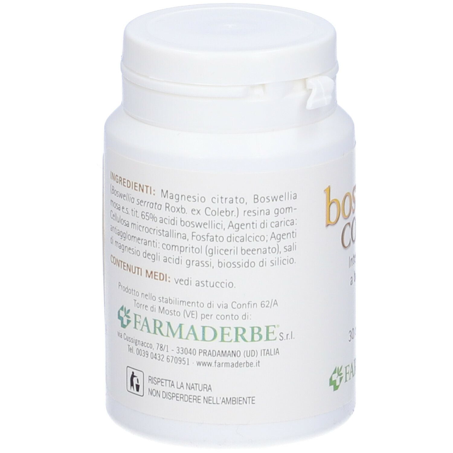 Flacone Boswellia Complex. Flacone bianco con ingredienti e informazioni del produttore.