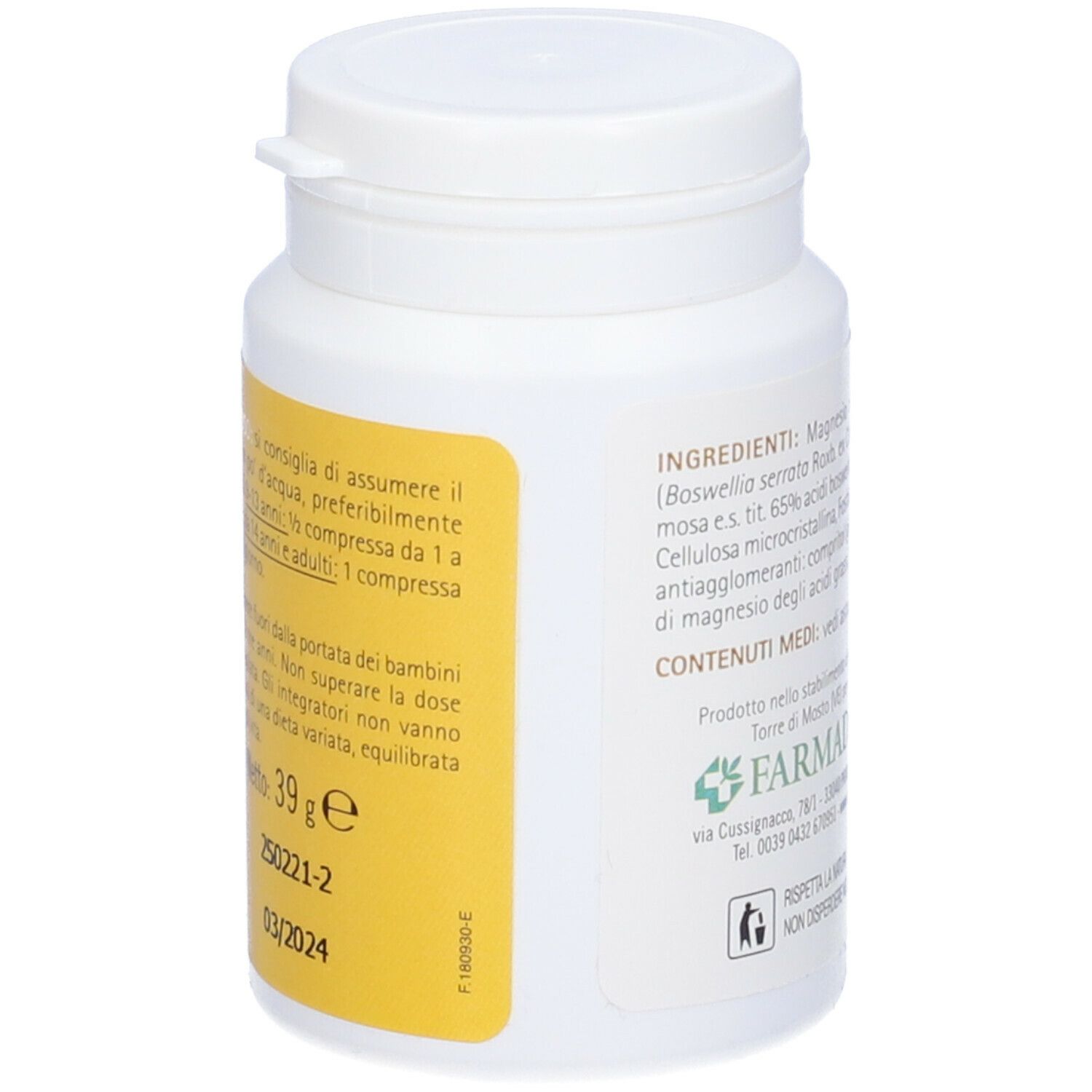 Flacone Boswellia Complex. Flacone bianco con informazioni e data di scadenza.