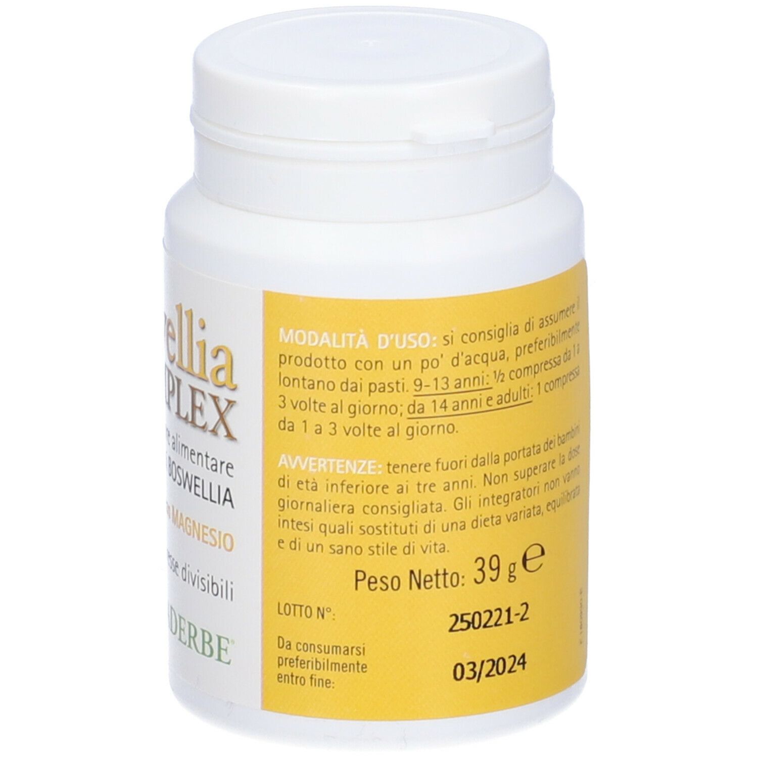 Flacone Boswellia Complex. Flacone bianco con istruzioni per l'uso e data di scadenza.