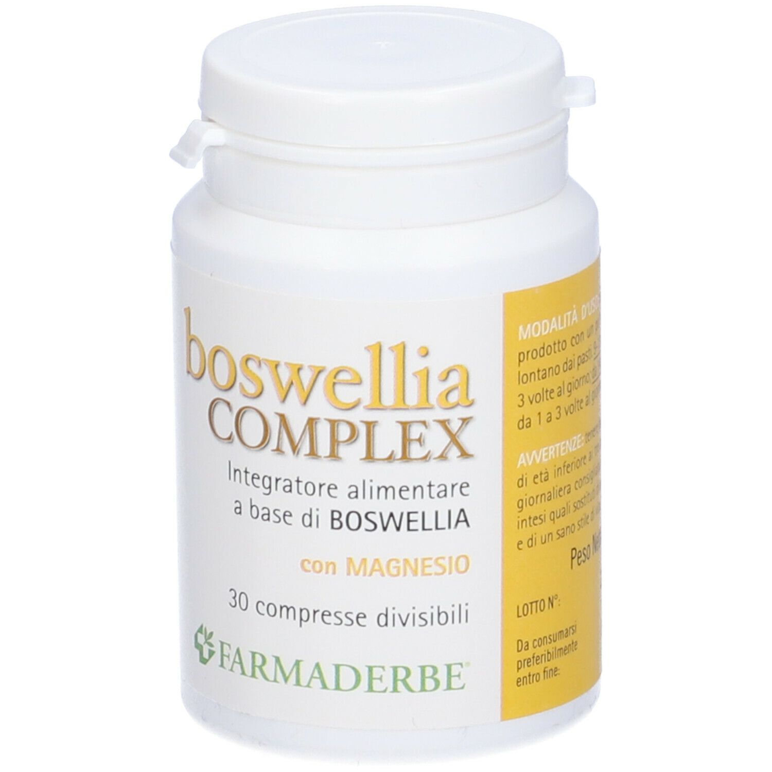 Flacone Boswellia Complex. Flacone bianco con nome del prodotto e istruzioni per l'uso.