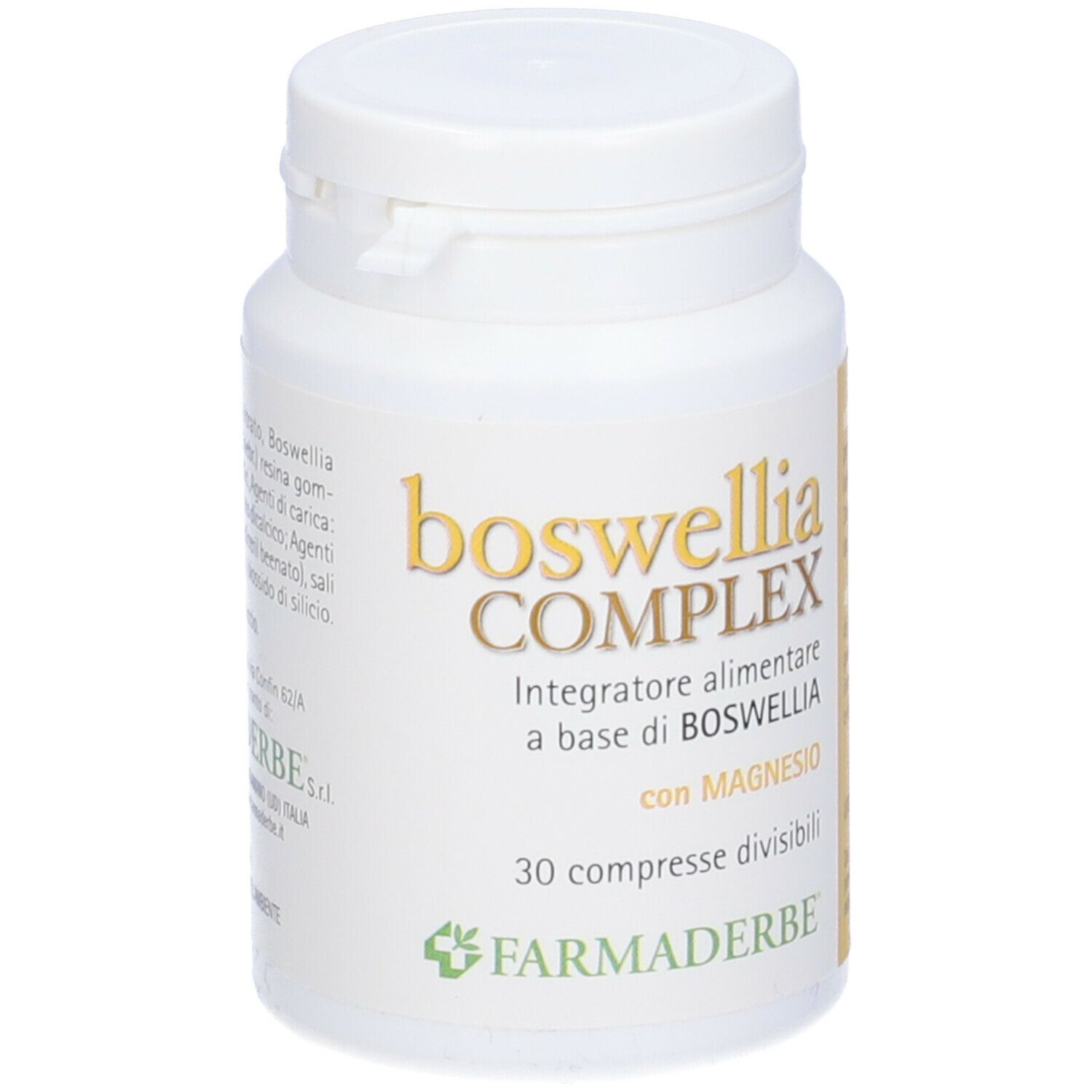 Flacone Boswellia Complex. Flacone bianco con nome e informazioni del prodotto. 30 compresse.