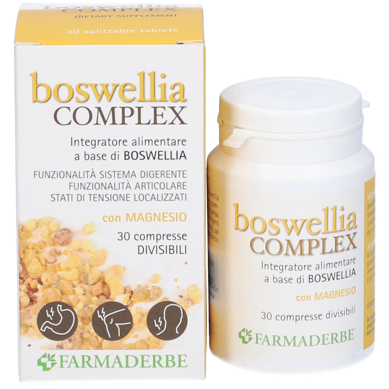 Confezione e flacone Boswellia Complex. Flacone bianco e scatola gialla con nome e informazioni.