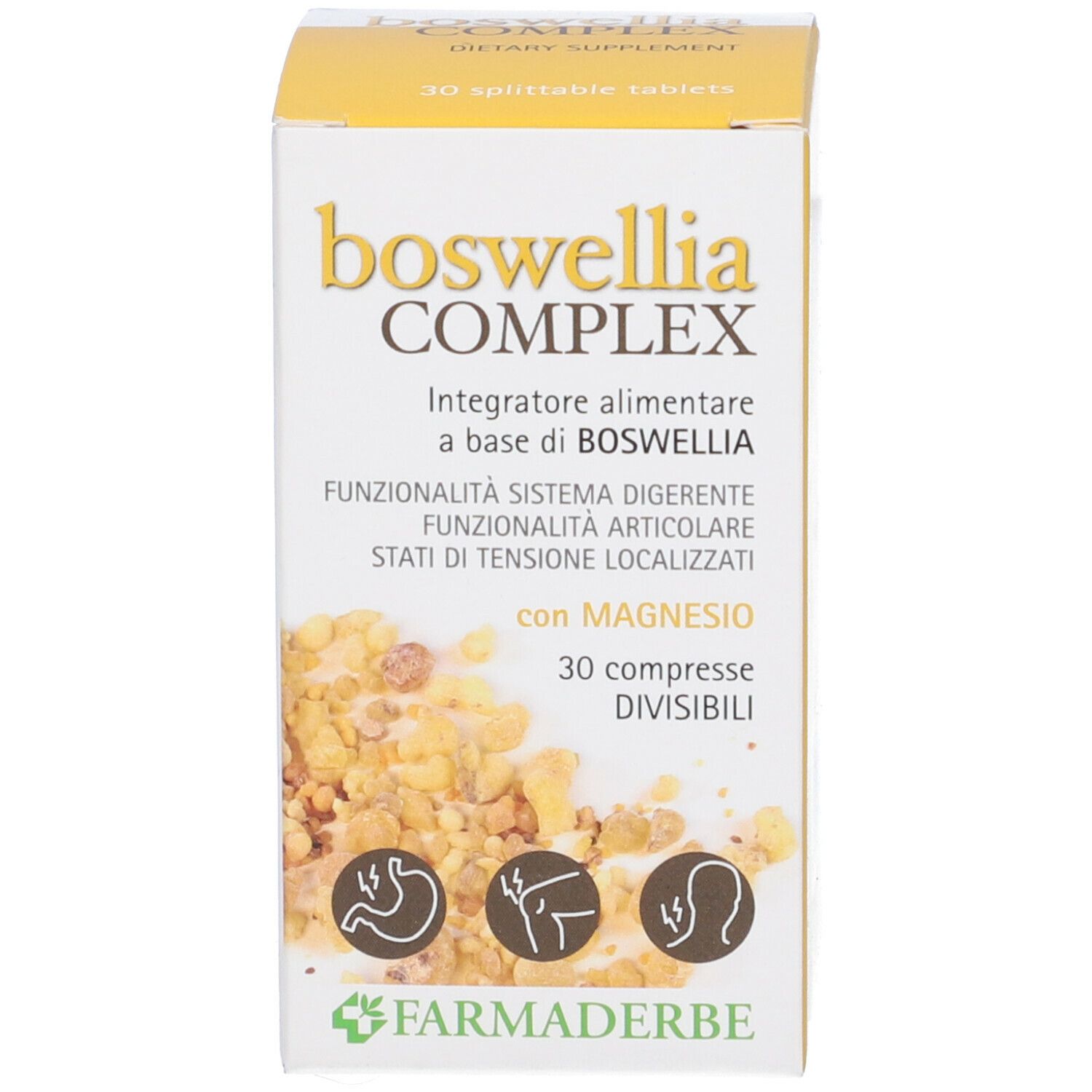 Scatola Boswellia Complex. Scatola gialla con nome e informazioni del prodotto. 30 compresse.