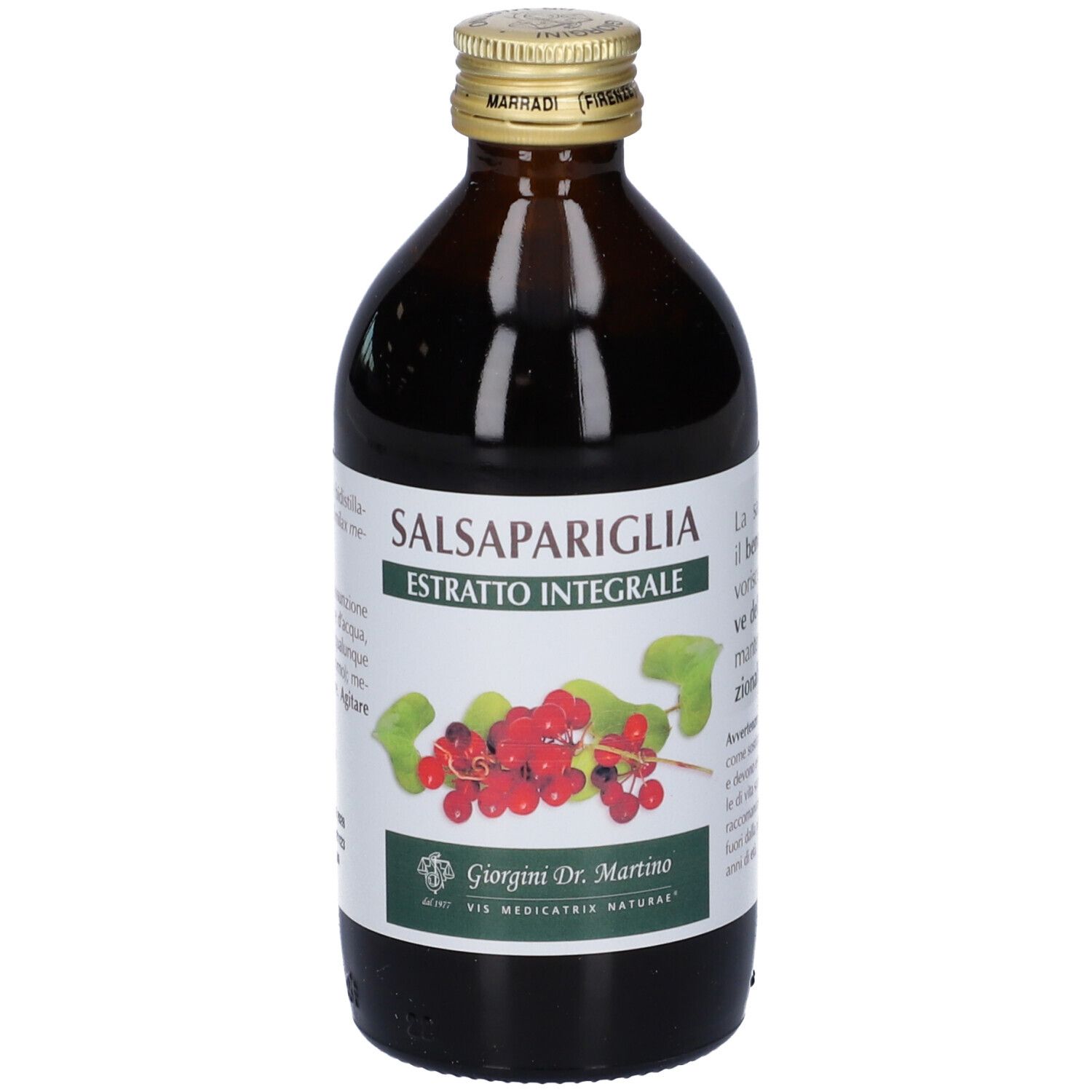 Bottiglia di vetro marrone Salsapariglia Estratto Integrale. Tappo dorato. Marchio Giorgini Dr. Martino.