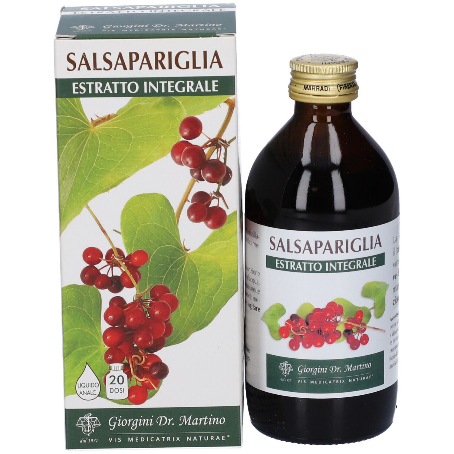 Scatola e bottiglia Salsapariglia Estratto Integrale. Immagine di foglie e bacche rosse. Marchio Giorgini Dr. Martino.