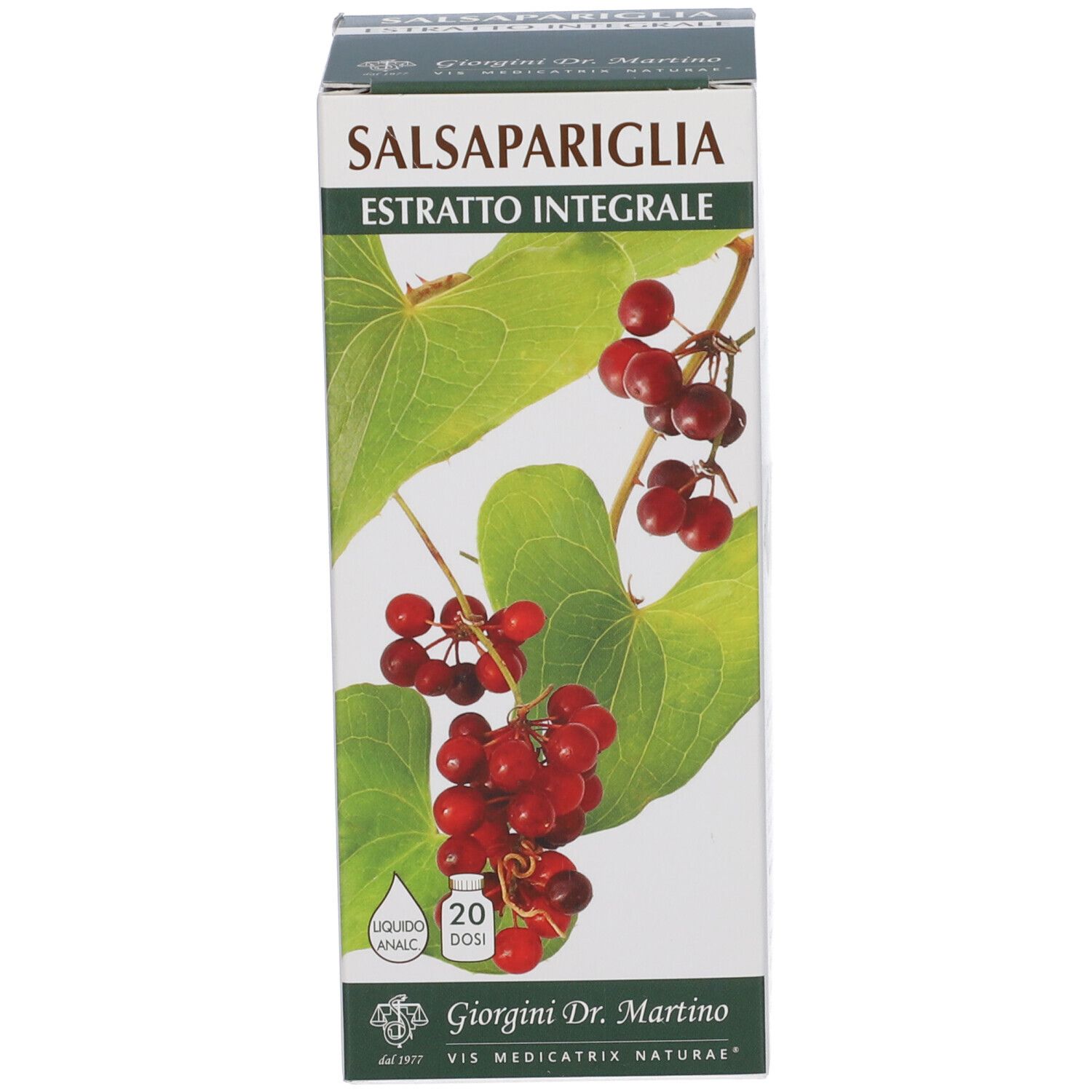 Scatola Salsapariglia Estratto Integrale. Immagine di foglie e bacche rosse. Marchio Giorgini Dr. Martino.