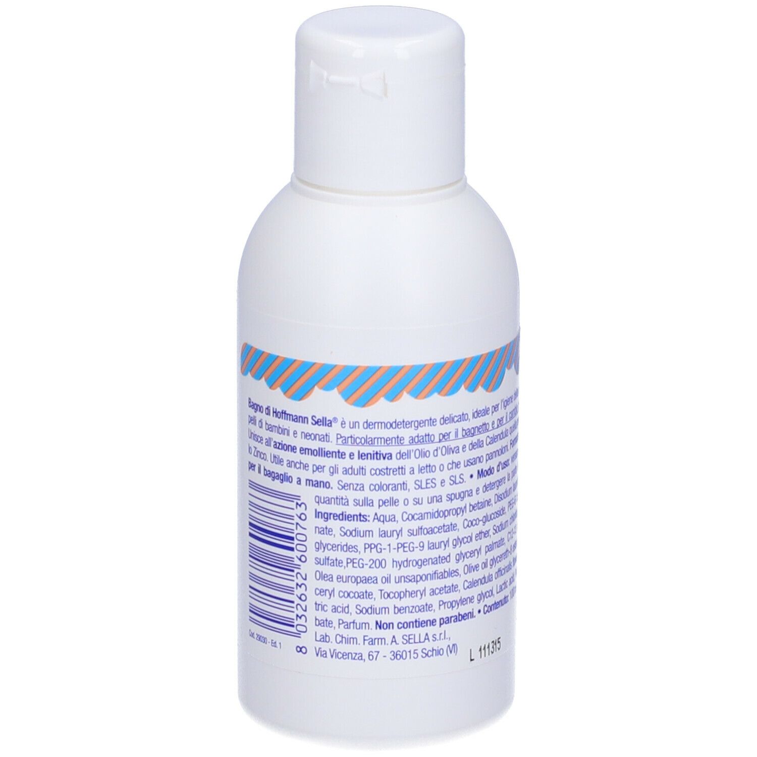 Retro di un flacone bianco con motivo a strisce blu e arancioni e codice a barre. Testo in italiano.