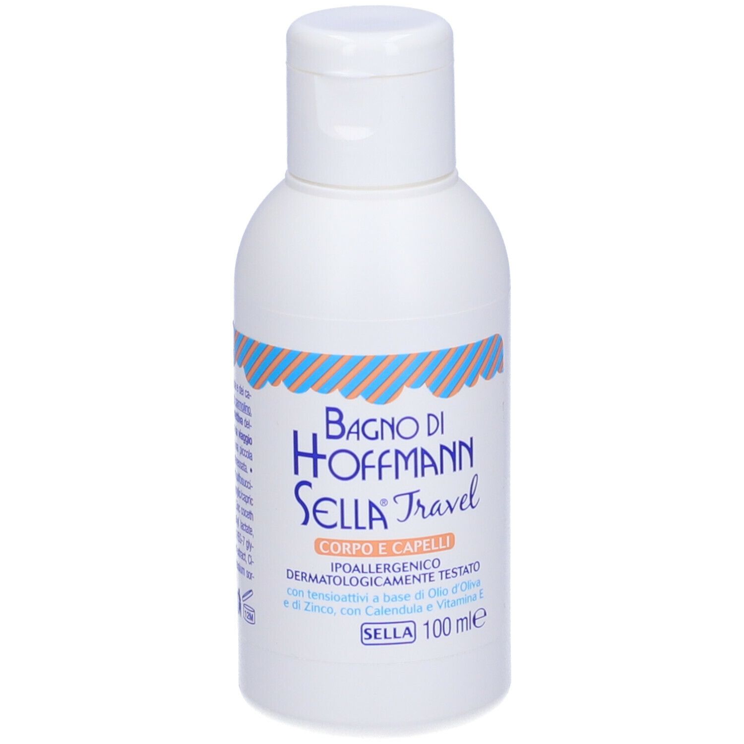 Flacone bianco con motivo a strisce blu e arancioni. Scritta: Bagno di Hoffmann Sella Travel, Corpo e Capelli.