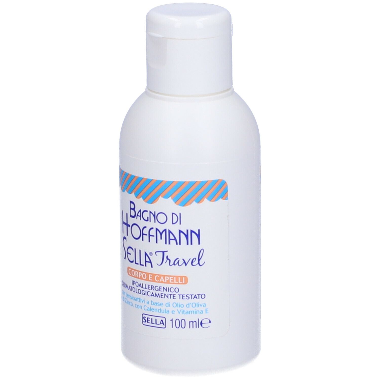 Flacone bianco con motivo a strisce blu e arancioni. Scritta: Bagno di Hoffmann Sella Travel, Corpo e Capelli.