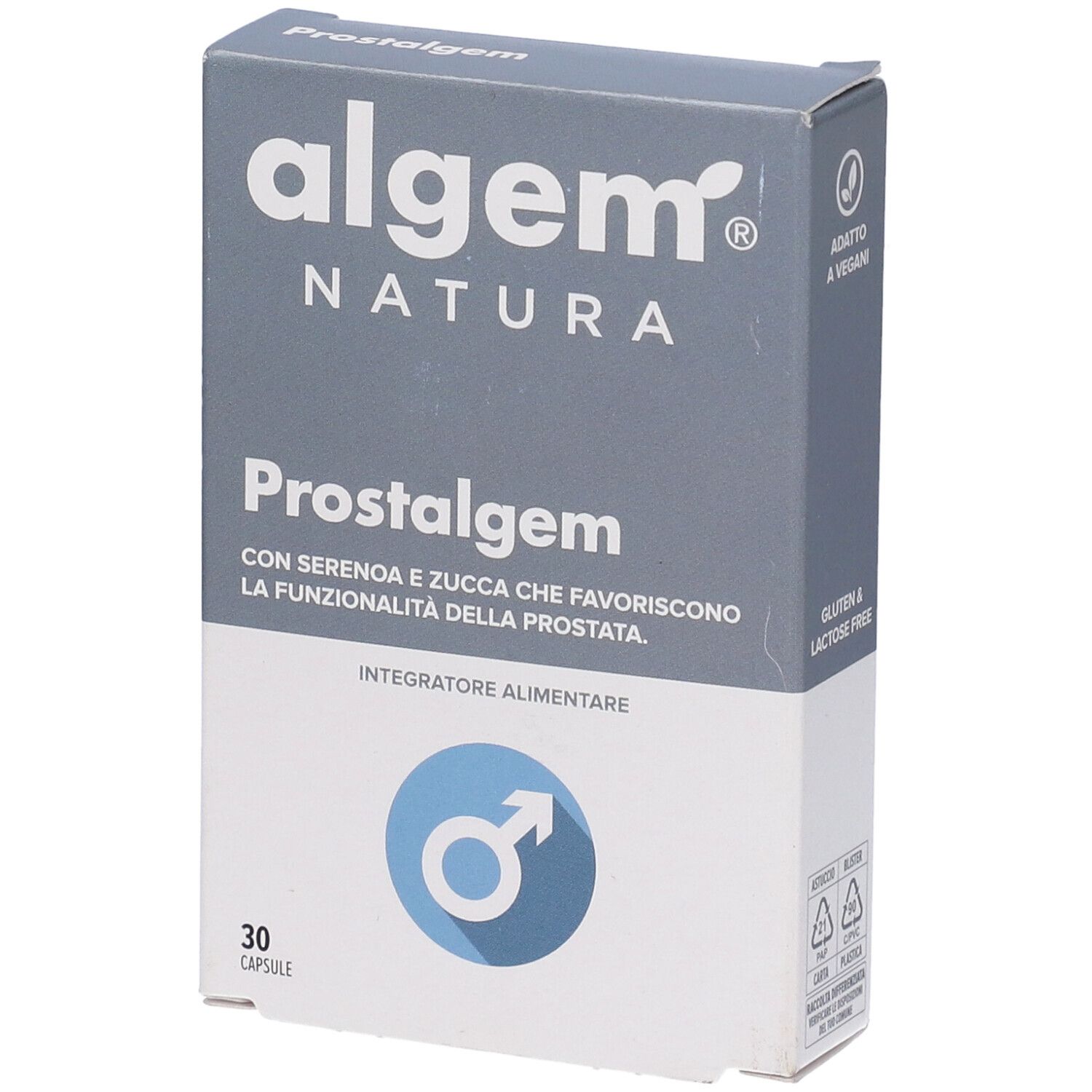 Confezione del prodotto Prostalgem. Contiene informazioni sugli ingredienti e sui valori nutrizionali.