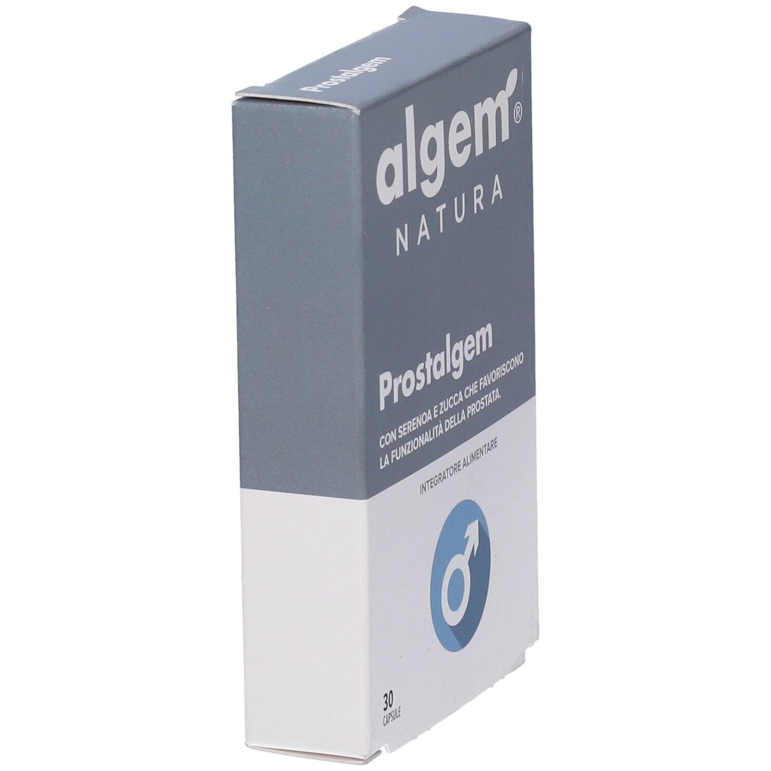Confezione del prodotto Prostalgem. Contiene informazioni sugli ingredienti e sui valori nutrizionali. Vegano e senza glutine.