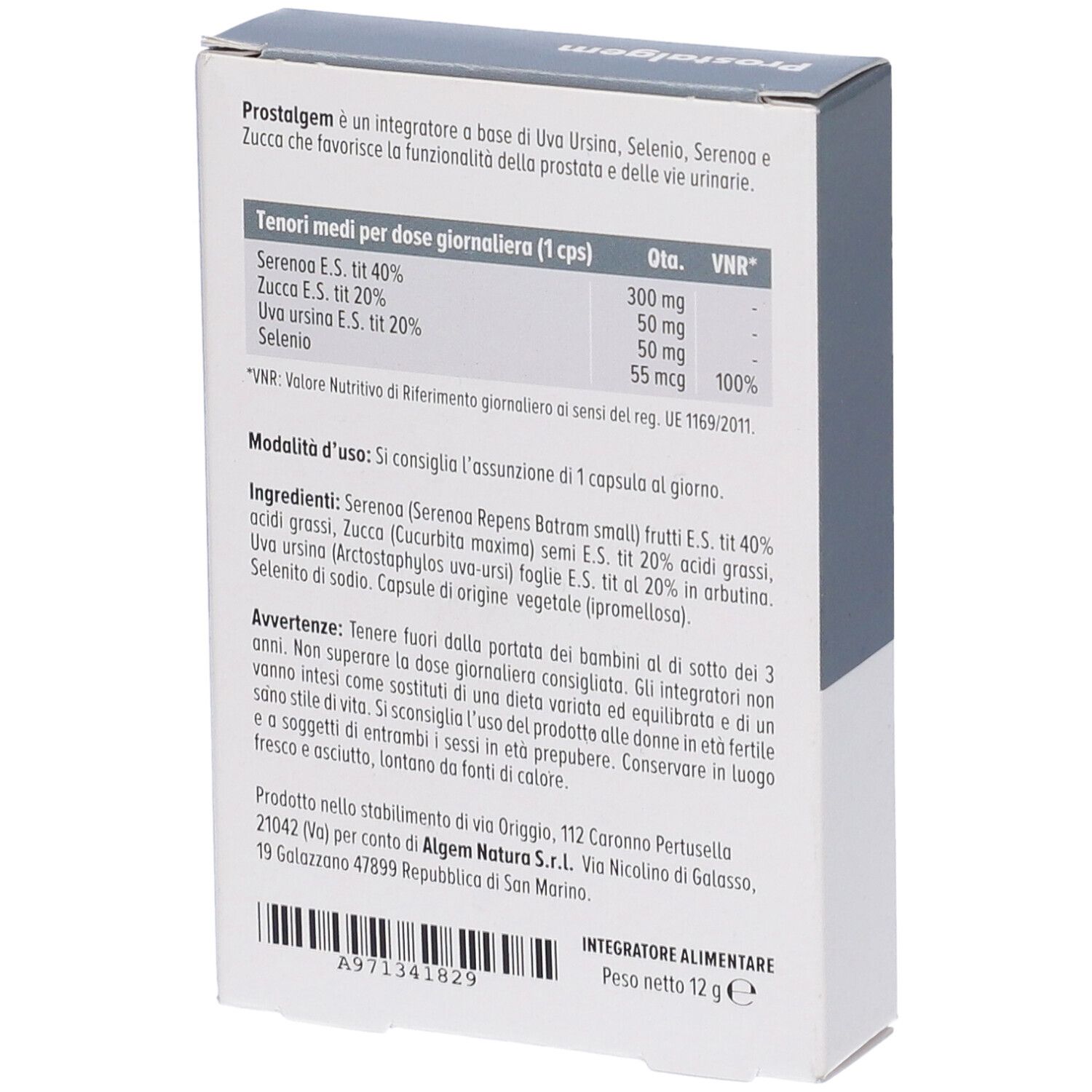 Confezione del prodotto Prostalgem. Contiene informazioni sugli ingredienti e sui valori nutrizionali.