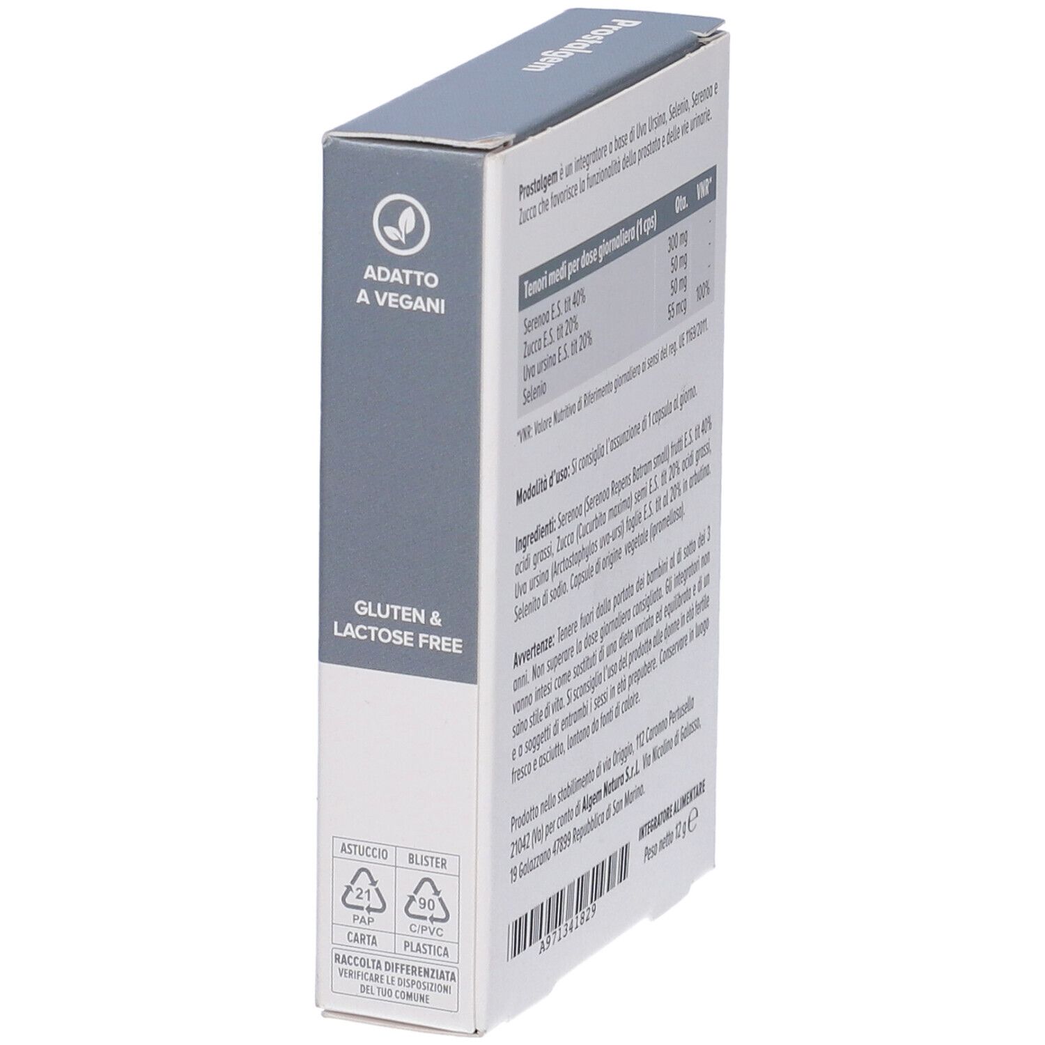 Confezione del prodotto Prostalgem. Contiene informazioni sugli ingredienti e sui valori nutrizionali.