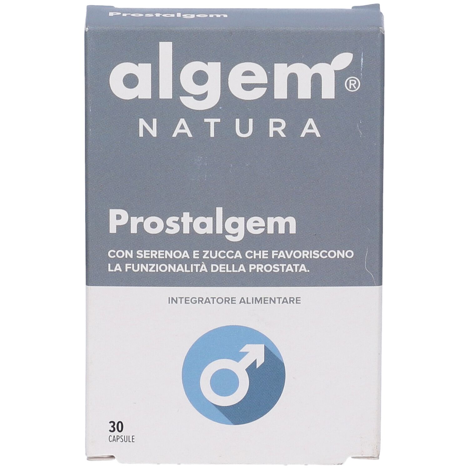 Confezione del prodotto Prostalgem. Contiene informazioni sugli ingredienti e sui valori nutrizionali.